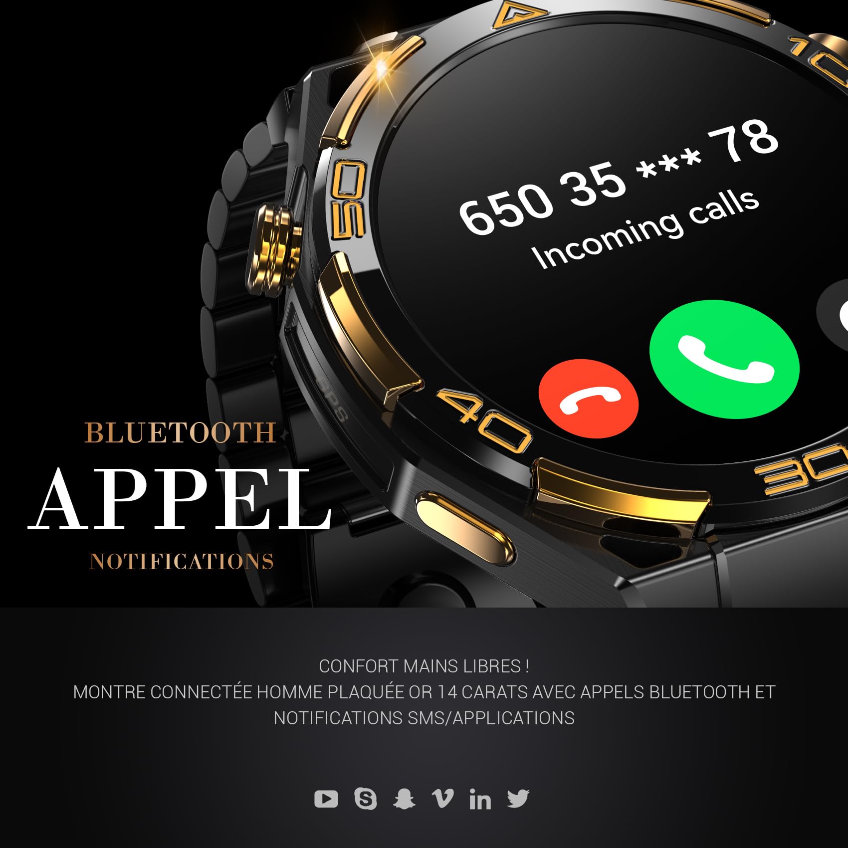 Blackview Montre Connectée Homme 14K Or Luxe avec IA ChatGPT, Écran AMOLED HD 1.43", GPS Intégré, Lampe de Poche, Boussole, Appels Bluetooth, Surveillance Santé, 100+ Modes Sport, pour Android et iOS