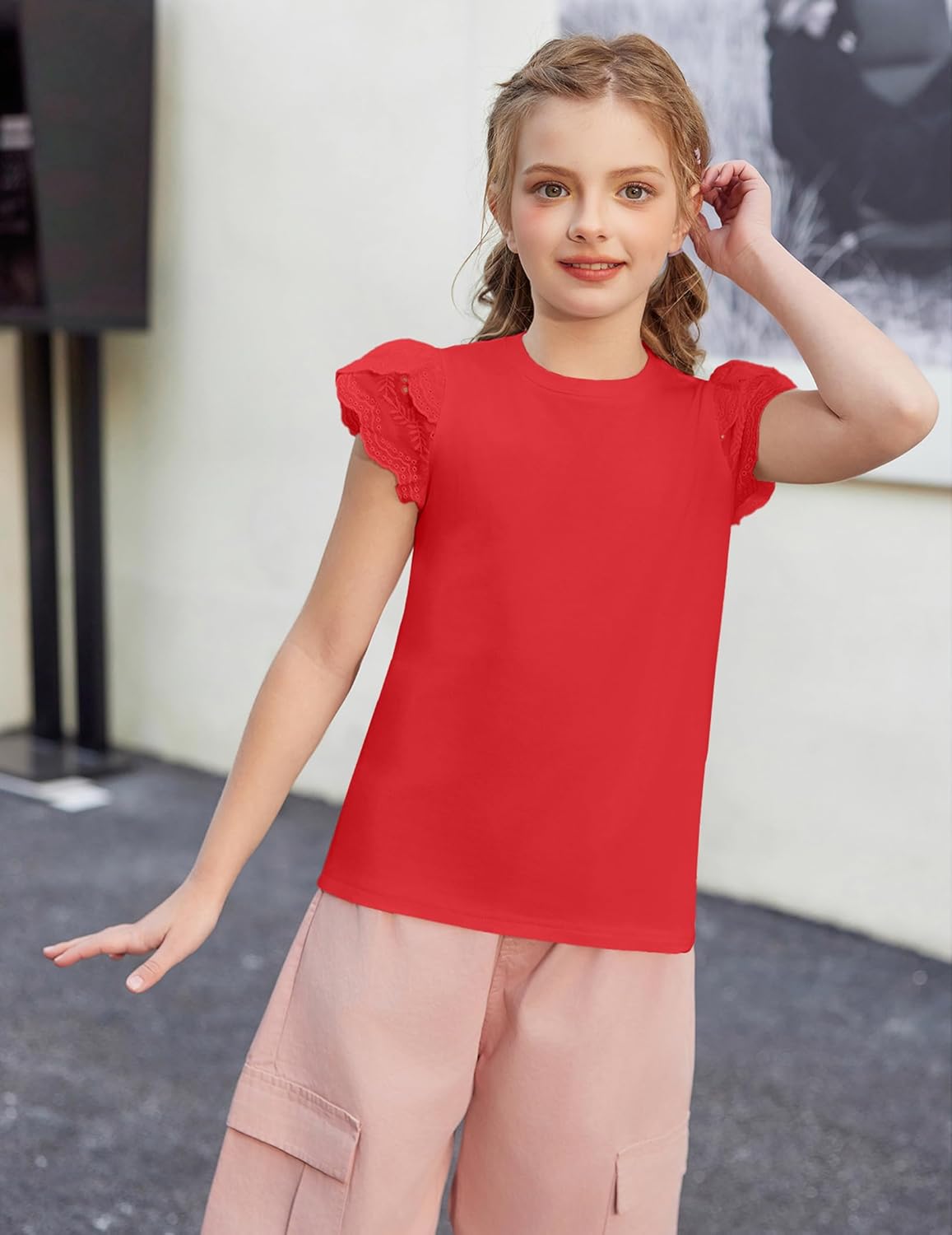 Arshiner Girls T Shirts Lace Petal Short Sleeves Kids Crewneck Casual Blouse Summer Tops Tees - Image 2