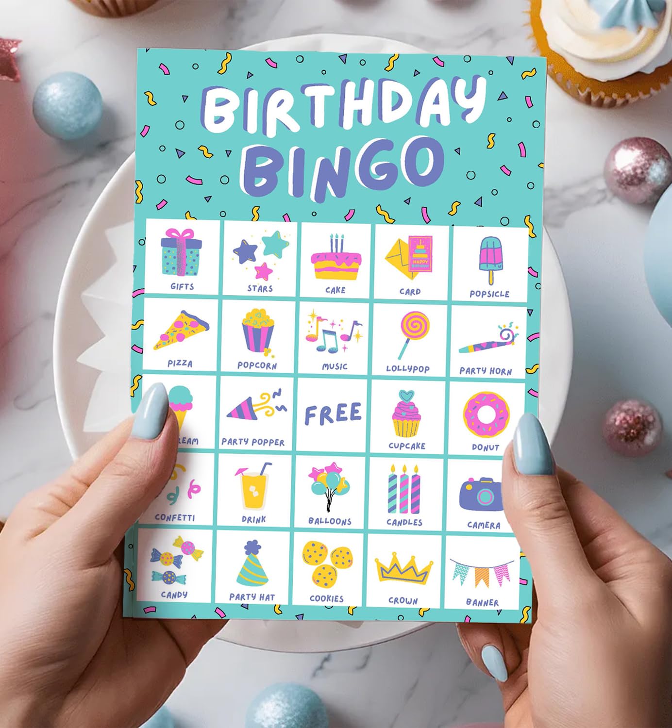 Markt Urodzinowa gra bingo dla dzieci, gry urodzinowe, artykuły do gier imprezowych dla dzieci - 23 graczy - niebieska