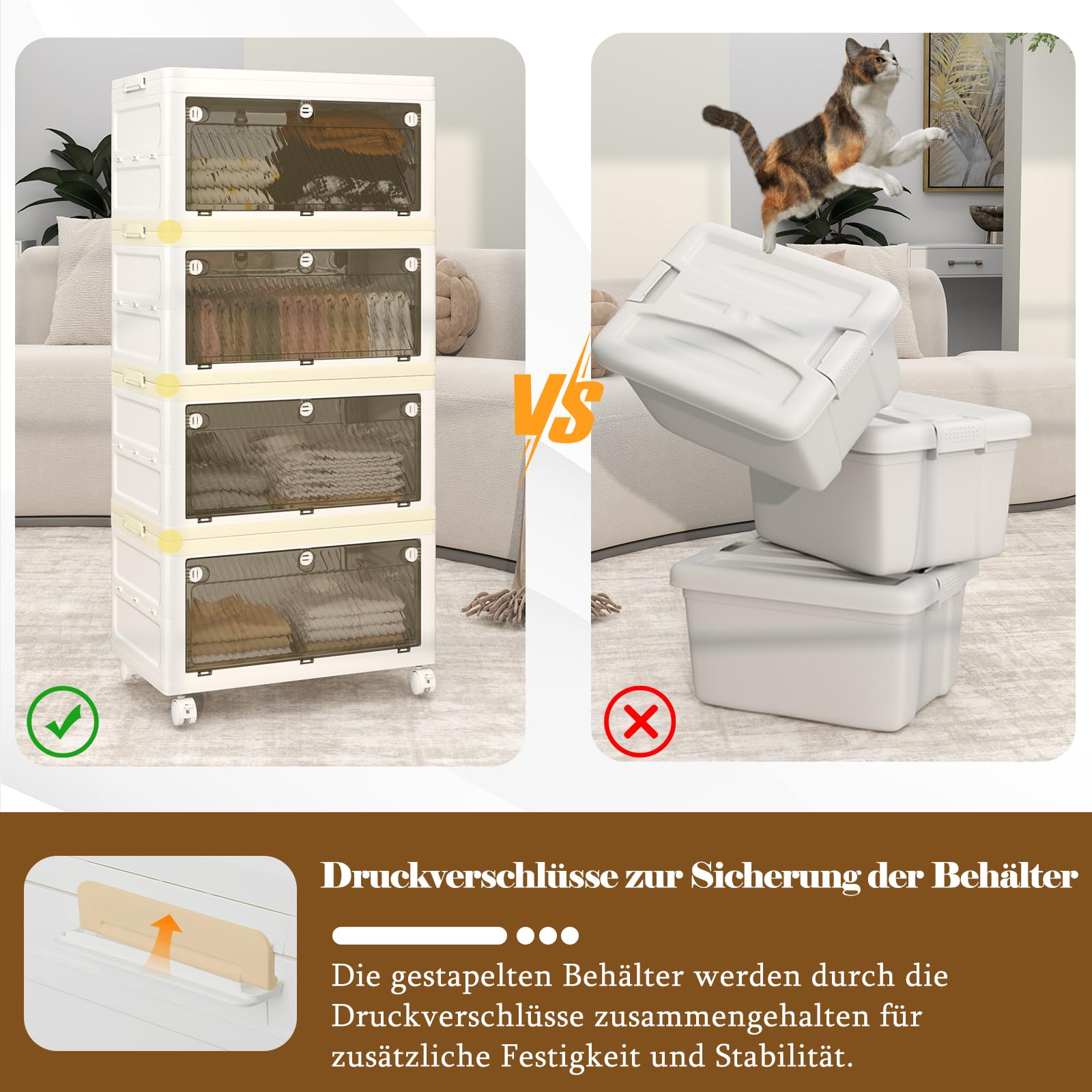 COSTWAY 168 L Aufbewahrungsbox mit Deckel, 4er Set Stapelboxen faltbar, Aufbewahrungsbehälter mit Zweiweg-Türen & Rollen, Boxen Aufbewahrung Kunststoffbox, Weiß (168 L)