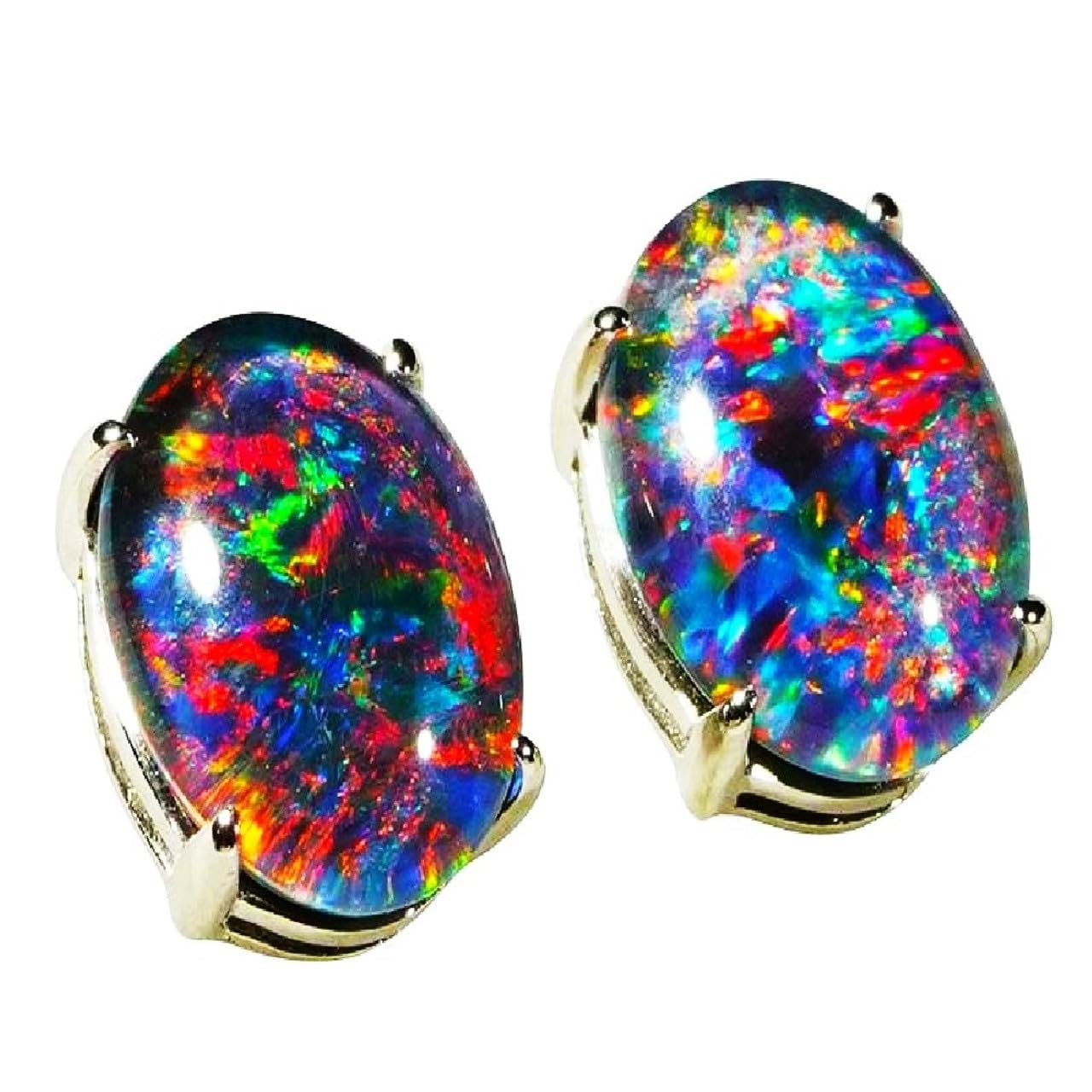 14K White Gold Australian Opal Stud Earrings Rainbow Tonic Genuine Solid Opal Jewelry for Women Blue-Green Rainbow Flash