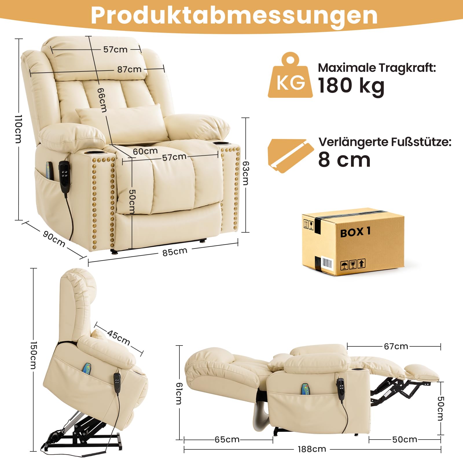 DUANDUAN 2 Motoren Relaxsessel Elektrisch mit Liegefunktion, Massagesessel Fernsehsessel mit Aufstehhilfe, 180° Verstellbar, Beige