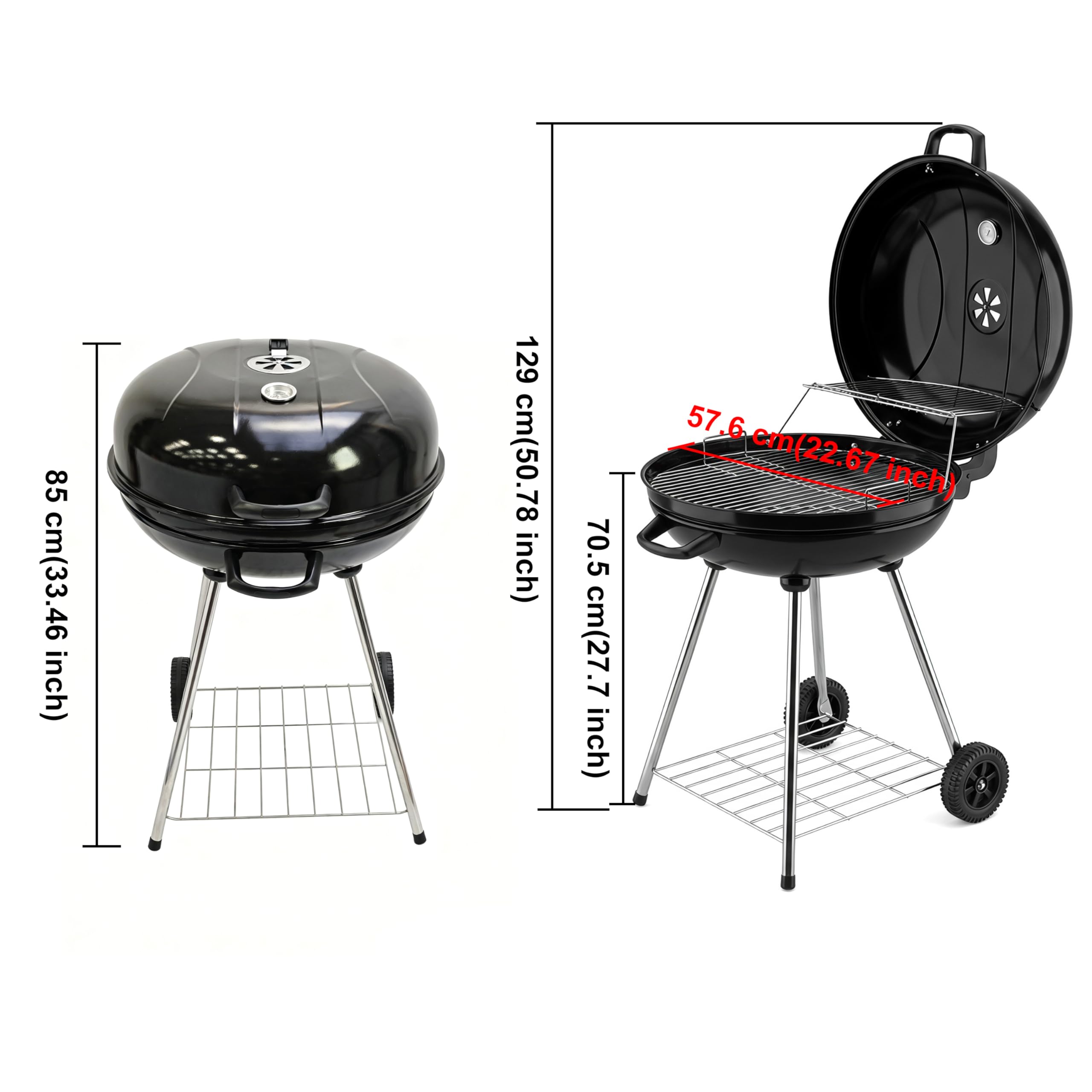 Elitzia ETBBQ01 Przenośny grill na węgiel drzewny z kółkami, czajnik, grill na zewnątrz, grill, pionowy kemping, podwórko, patio, ogród, okrągły grill na węgiel drzewny, do gotowania na świeżym