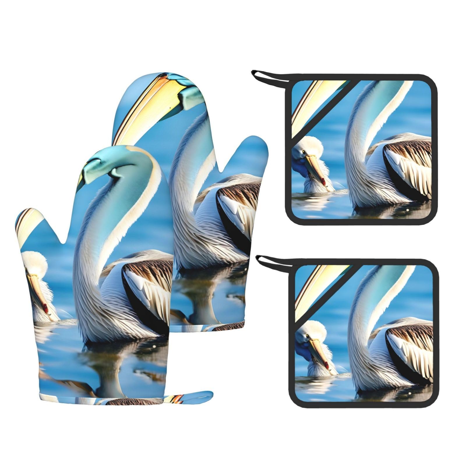 Gants de cuisine anti-chaleur en silicone bleu Pelican Bird lot anti-dérapant