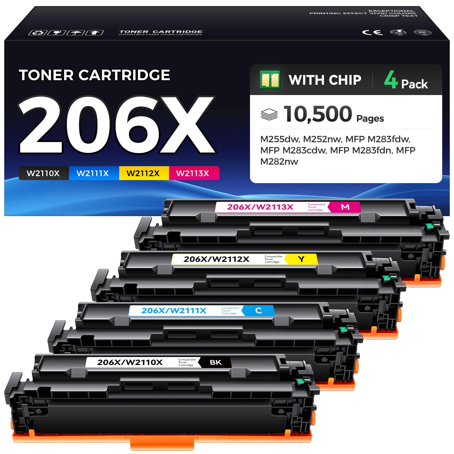 206X Toner Cartridge Set 4-Pack Printer High Yield Replacement for HP 206X W2110X W2111X W2112X W2113X Compatible for HP Color Laserjet Pro MFP M283cdw M283fdn M283fdw M282nw M255dw M255nw Ink Black