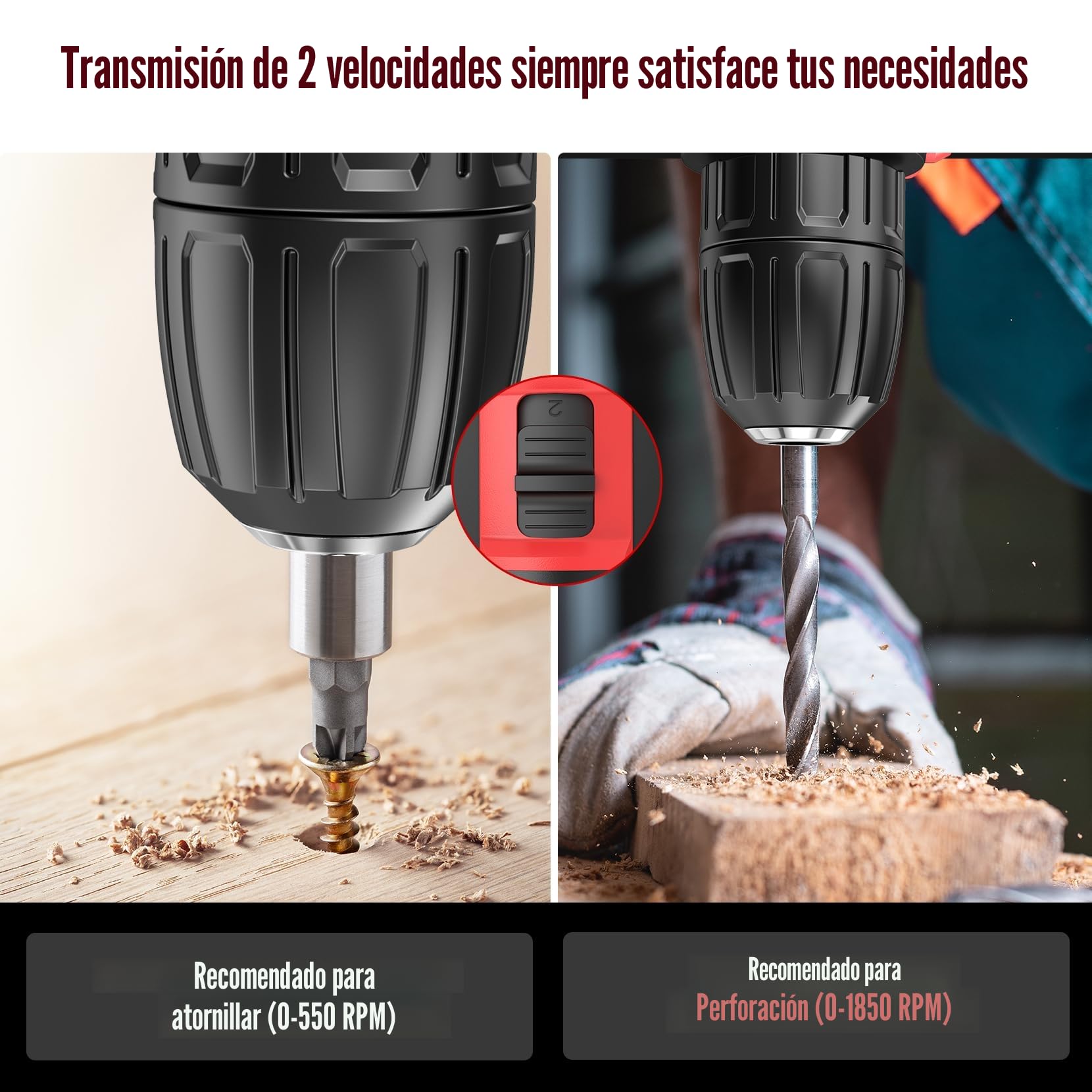 Taladro Percutor a Bateria 21V, MHPRO Taladro Atornillador con Batería 2.0Ah, Atornillador Electrico con 42Nm, 25+3 Ajuste de Par, 23 Accesorios, 2 Velocidad, LED Luz Para Hogar, Bricolaje