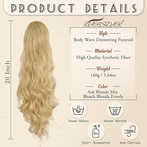 Miniatura 8 de BARSDAR Extensión de cola de caballo con cordón, 26 pulgadas, extensiones de cabello sintético negro con clip en cola de caballo, extensiones de