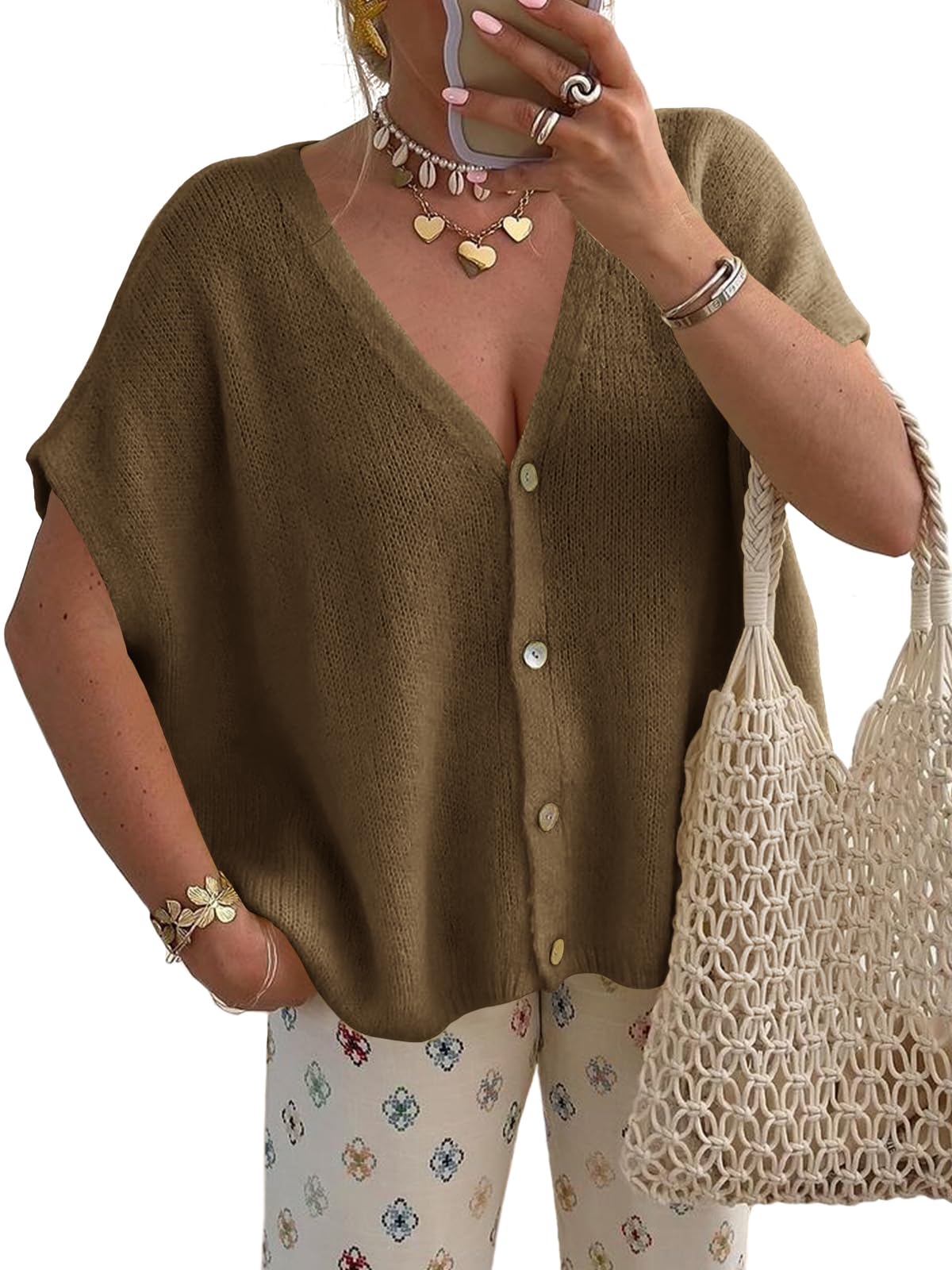 Saodimallsu Strickjacke Damen Kurzarm V-Ausschnitt Cardigan Oversized Fledermausärmel Sommer Strickweste Einfarbig Leicht Knopfleiste Sweater Top