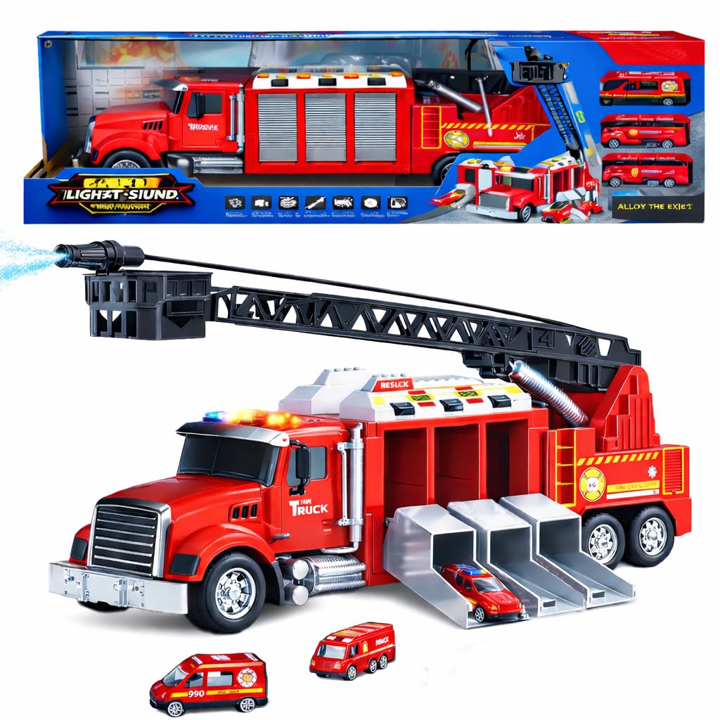 Toyana Fire Rescue Toy Truck with Real Water Spray, 4 PCs Mini Fire Engine Vehicles with Storage & Ejection, Electronic Light-Up Toy with Realistic Siren Sounds, Educational Gift for Kids 3+ Years