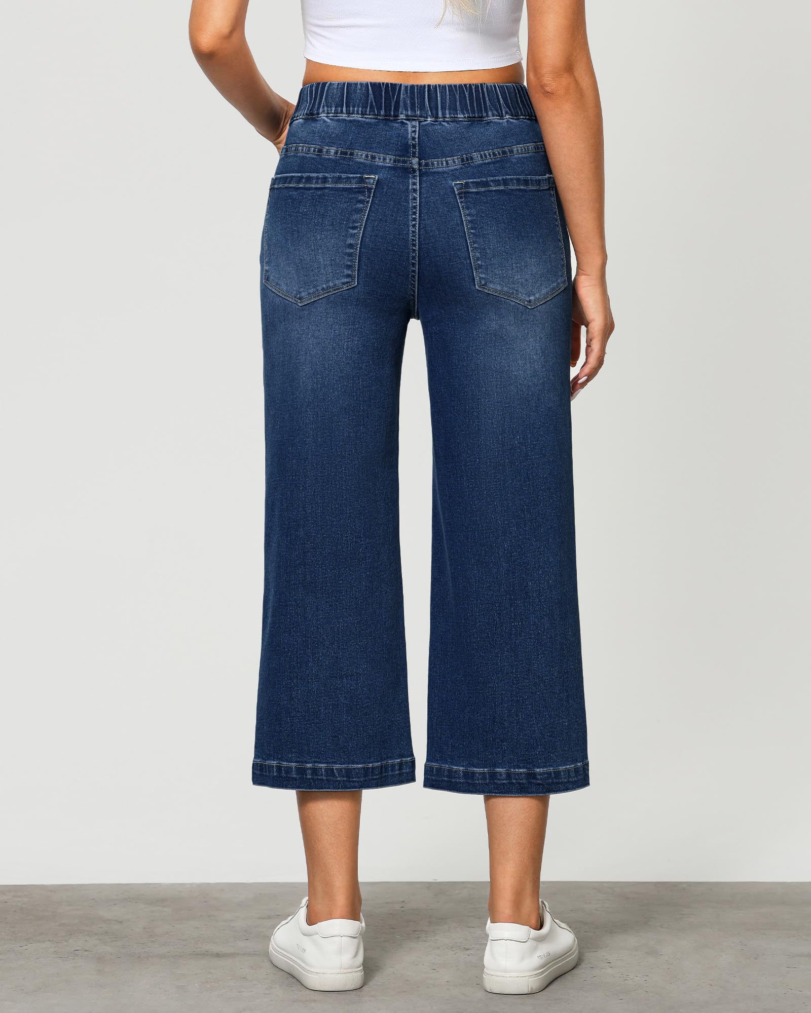 Vetinee Damen Jeans Weites Bein Baggy Hosen mit Gummizug High Waist Stretch Capri Jeans