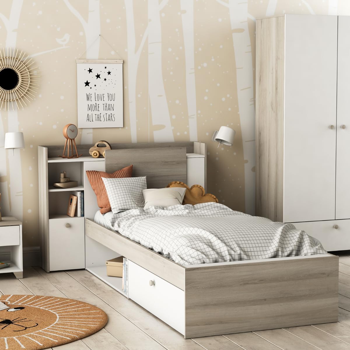 Demeyere Letto Componibile 90 x 190/200 con Contenitore 1 Anta 3 Nicchie 1 Cassetto, Bianco Opaco e Rovere Chiaro, 124.5 x 226.9 x 90.5 cm