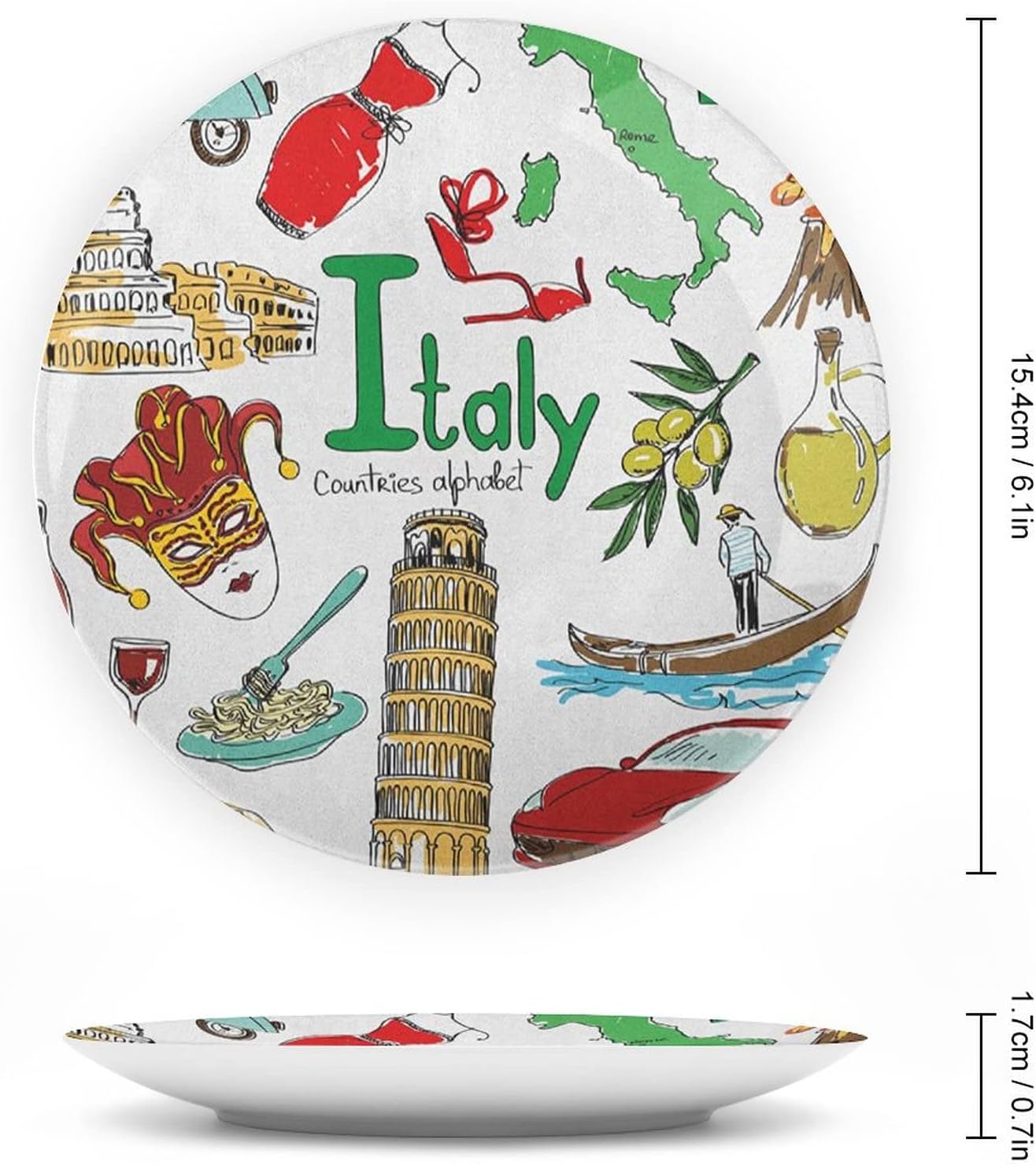 XISUNYA 10 Inch Decorative Plate, Italy Tableware Plate, Fun Colorful Sketch Italy Icons Countries Alphabet Print Ceramic Wall Hanging for Home & Office Wall Hanging Decor
