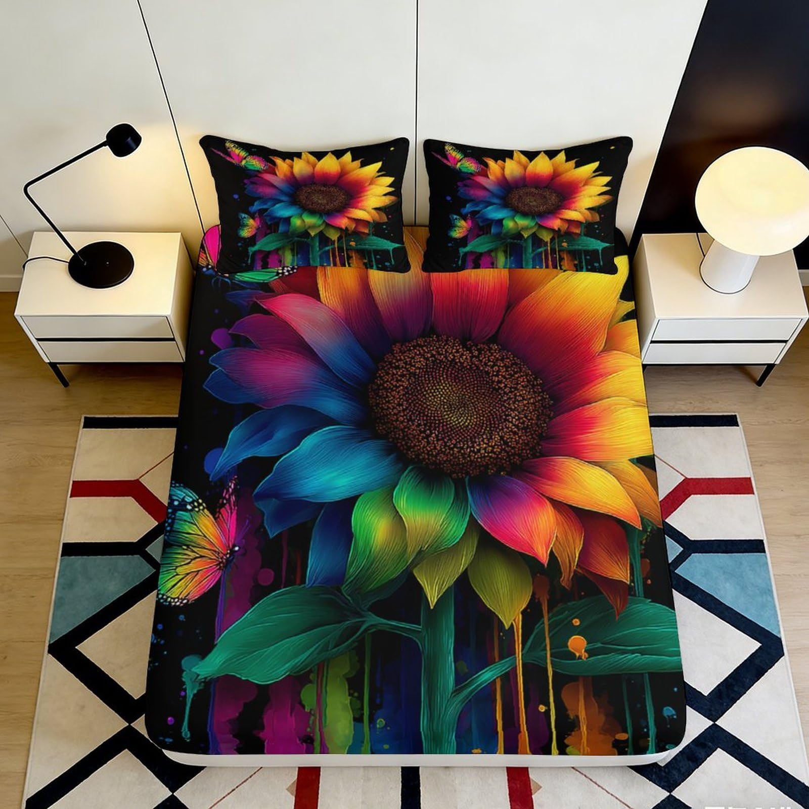 Pnayamiorkfel Style-5 3D Printed Rainbow Sunflower Fitted Sheet Microfiber Vibrant Butterfly Bed Cover For Bedroom Dorm Mattress Protection Decor 90X200x25cm