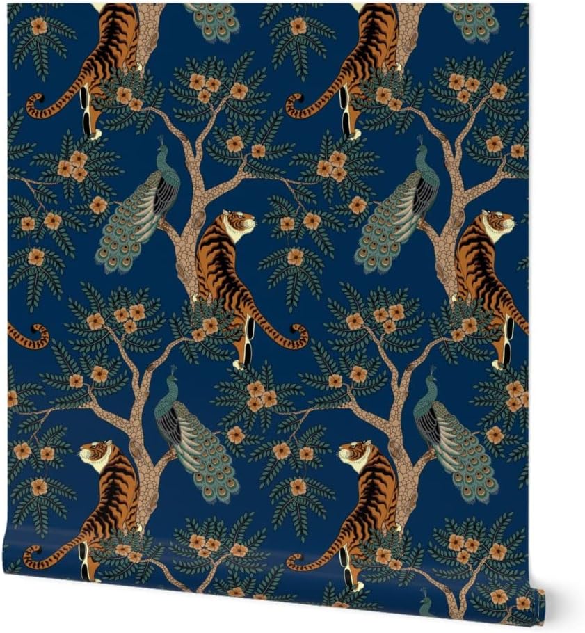 Spoonflower Removable Wallpaper 3ft x 2ft - Bird Asian Flowers Floral Chinese Tree Animals Tiger Peacock Blue Custom Pre-Pasted Wallpaper