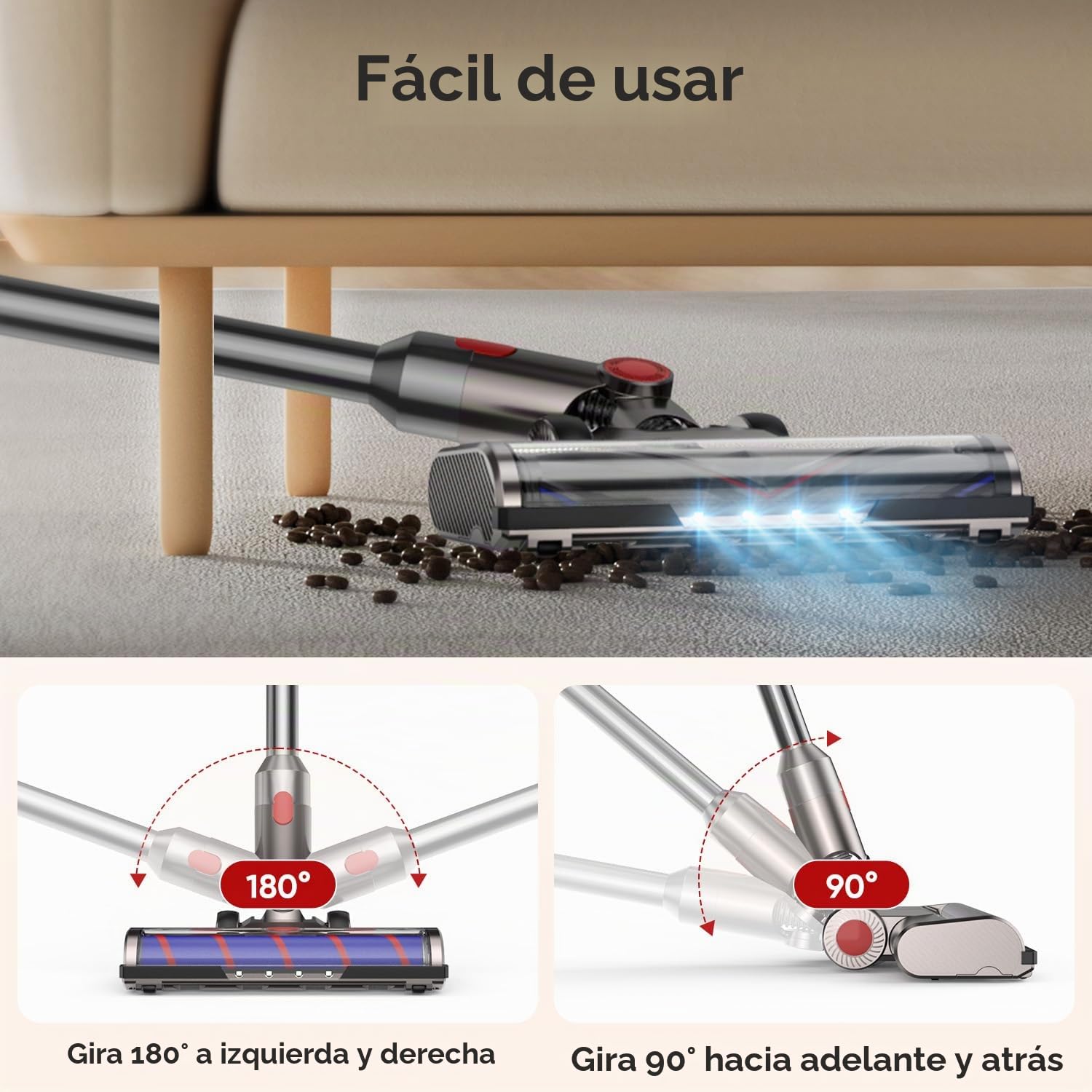 Cepillo Compatible con V7 V8 V10 V11 V15 SV10 SV11 SV12 Aspiradoras – Cepillo de Repuesto Giratorio 180° con luz LED, Rodillo Suave + Rodillo Duro, Apto para Suelos Duros, alfombras y moquetas