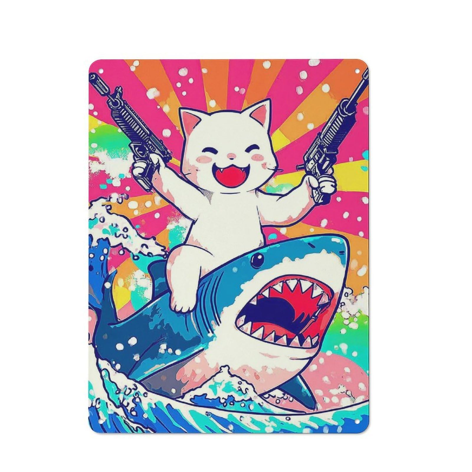 Junmoney Cat With Guns Riding Shark Printed Metal Sign 40X30cm For Hobby Room Or Studio, Gift Idea At Christmas For Creative Interior Collectors