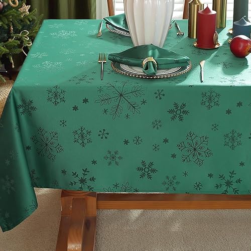 Mantel rectangular de Navidad verde de 60 x 84 pulgadas, a prueba de derrames, sin arrugas, diseño de copo de nieve verde para Navidad, invierno,