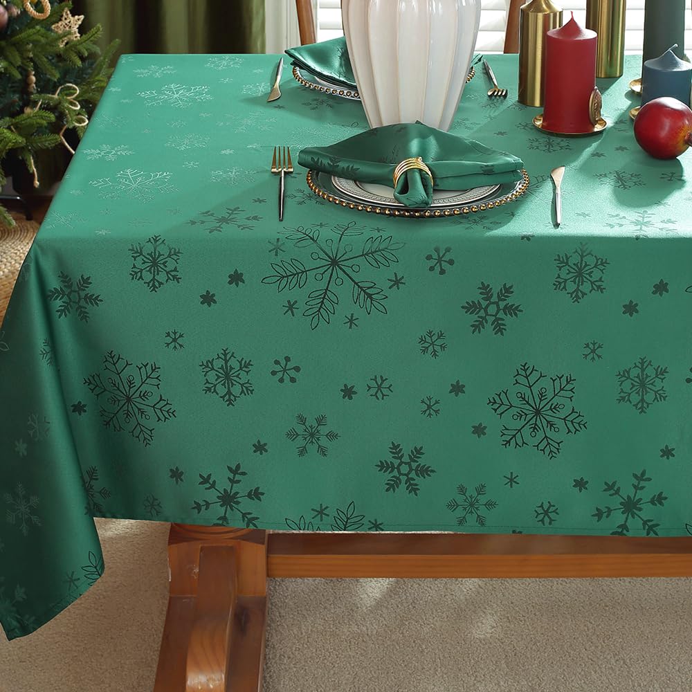 MATIRUG Christmas Table Cloth for Rectangle Tables 52x70 Inch,Spillproof Wrinkle Free Green Snowflake Jacquard Fabric Tablecloth for Xmas Winter Holiday New Year