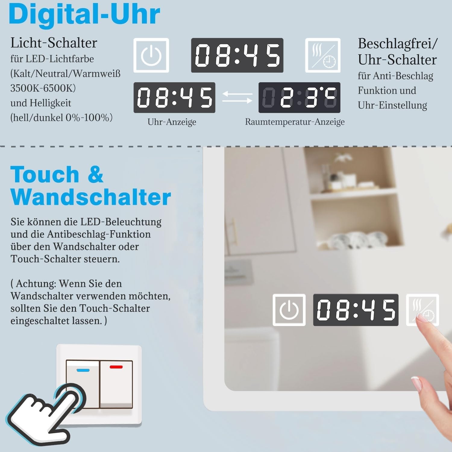 LED Wandspiegel 140x80cm Touchschalter Beschlagfrei Badspiegel mit Beleuchtung Bluetooth Uhr 3X Schminkspiegel 3 Lichtfarbe 3000-6500K Dimmbar IP44