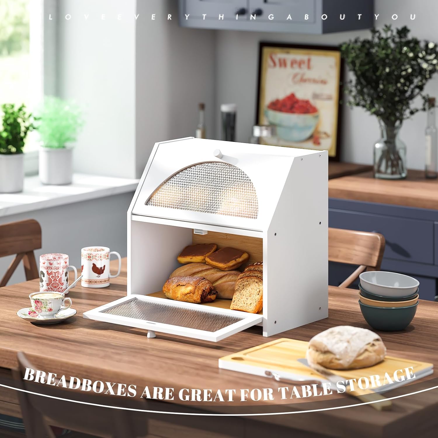 Bamboo Bread Box with Cutting Board, Double Layer Extra Large Bread Storage Bin with Door Panel for Kitchen Counter (White)