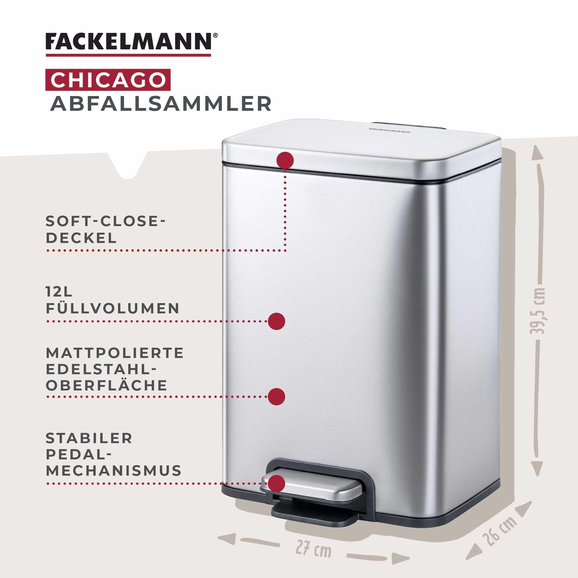 FACKELMANN CHICAGO Pedal-Abfallsammler 12L – Edelstahl matt, fingerabdruckfrei, mit stabilem Pedal und Inneneimer, gedämpfter Deckel, Ca. 27 x 26 x 39,5 cm