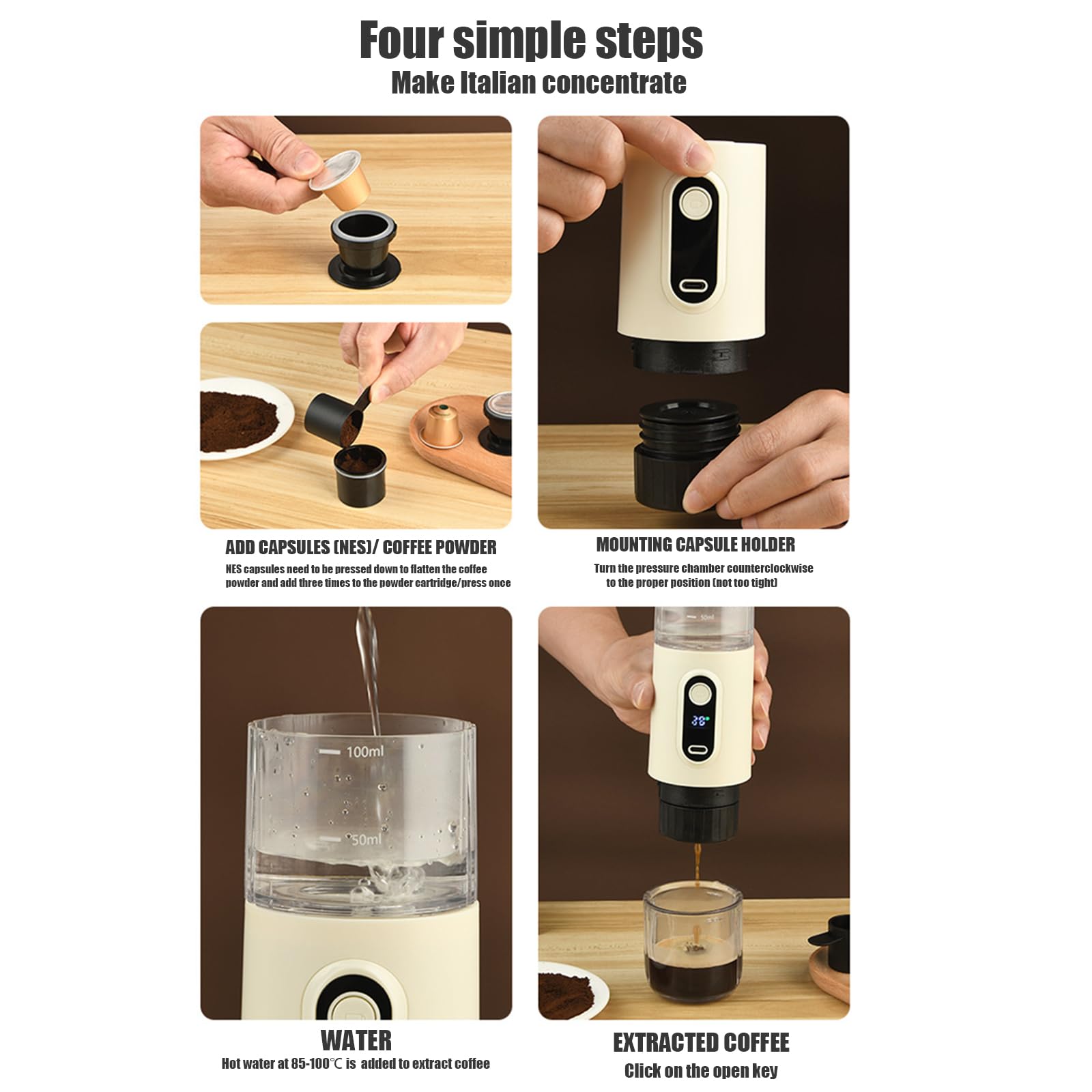 Kouamor Cafetera espresso portátil inalámbrica, cafetera de camping, autocalentamiento con USB-C, pequeña cafetera portátil compatible con café molido y cápsula NS (blanco)