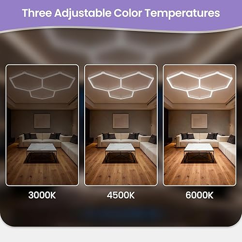 Miniatura 2 de Luces hexagonales de garaje  Luces hexagonales regulables de 3 etapas, 6500K 17280LM luz de panal para techo de coche, taller, taller, almacén,