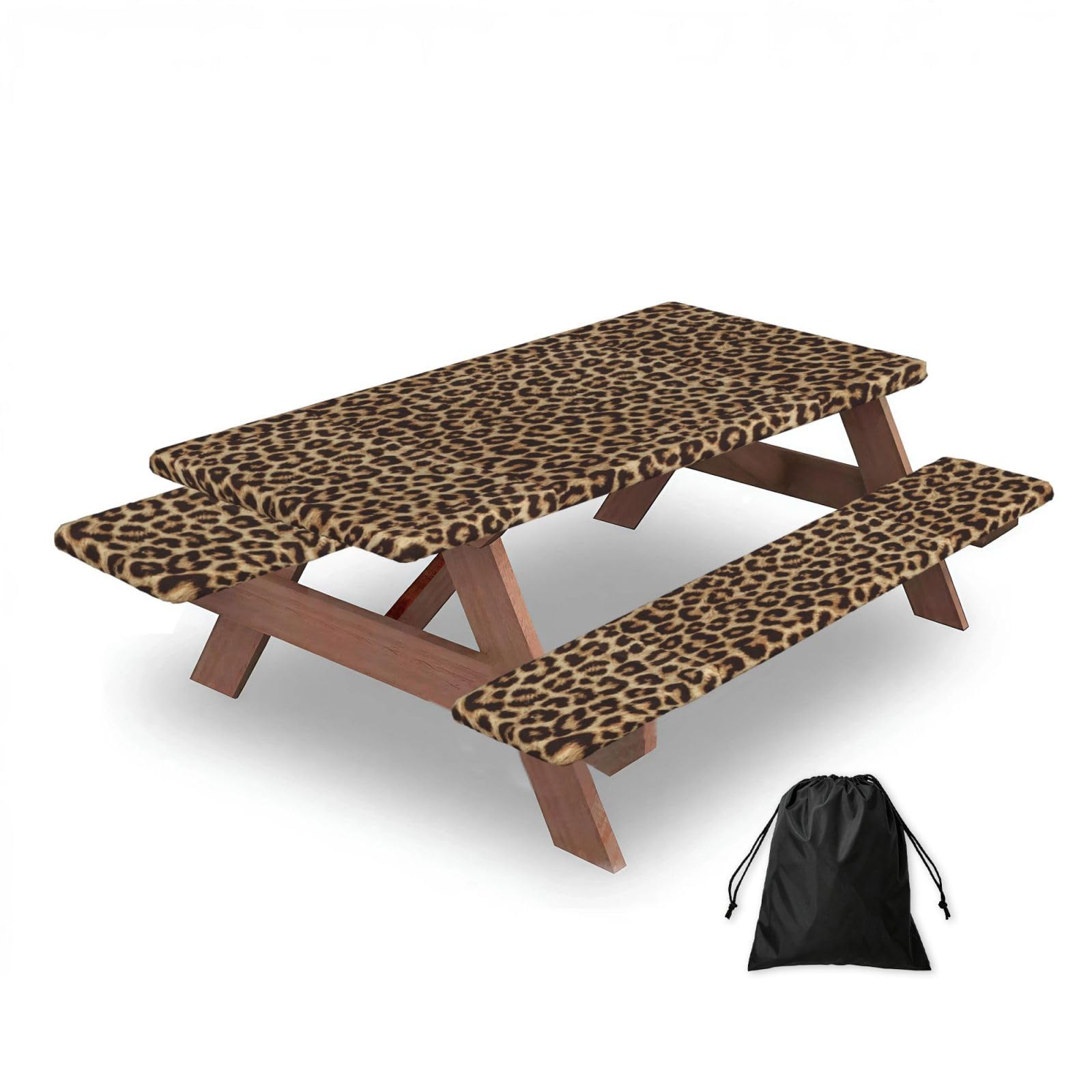 Dopklna As Picture Leopard Print, Picnic Table Cover With Bench Covers -Waterproof Elastic Fitted Tablecloth For Garden Camping Patio 76X152cm