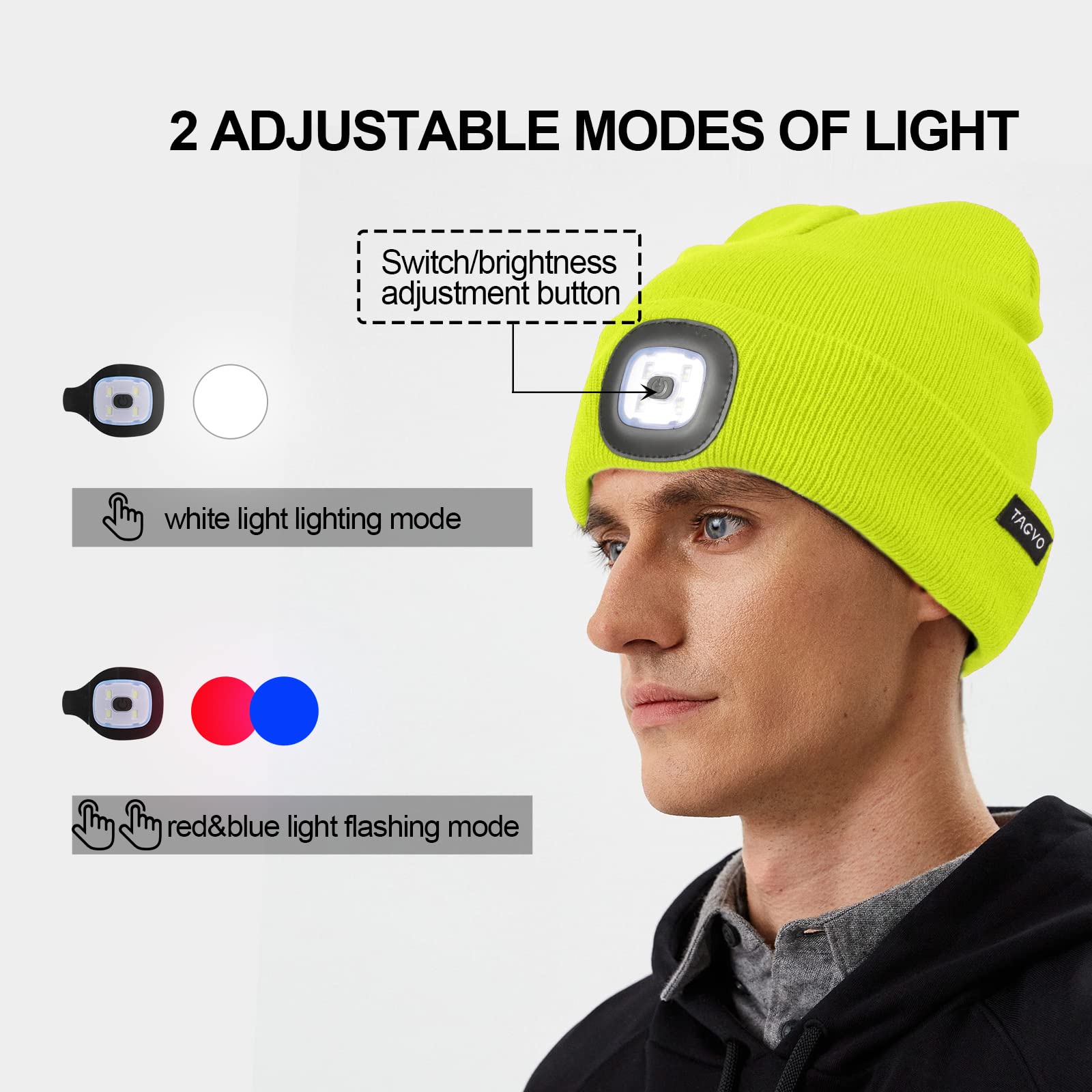 Bonnet LED Rechargeable USB 8 Lumières - Casquette Tricotée Lumineuse Avec Clignotant Alarme Hiver