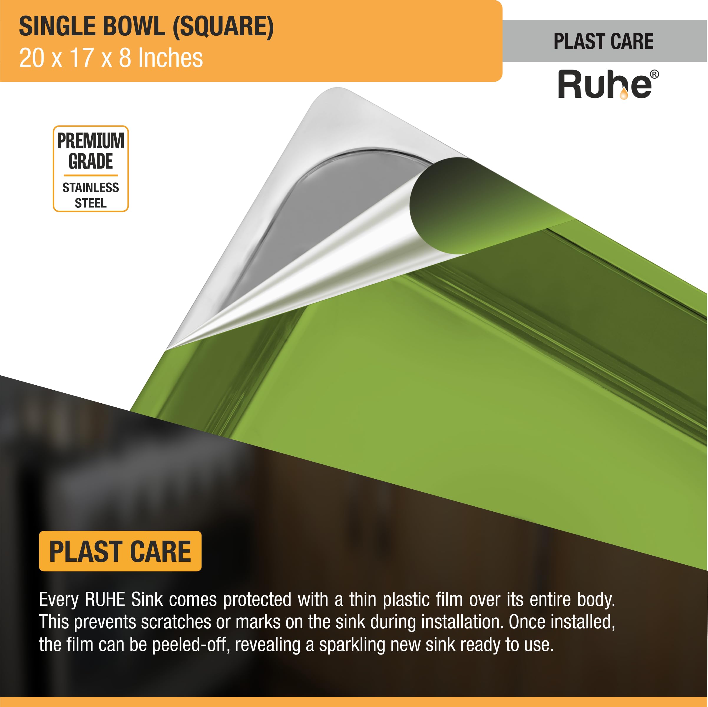 Ruhe® Kitchen Sink | Square Bowl Stainless Steel Kitchen Sink | (20x17x8 Inches) | Glossy Finish with Sink Coupling and Waste Pipe 4