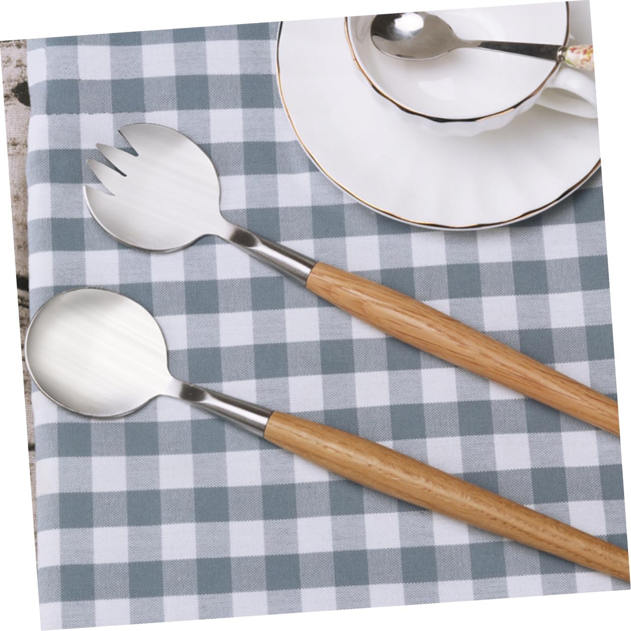 2pcs Salad Servers Spoon Fork Set with Wooden Handles