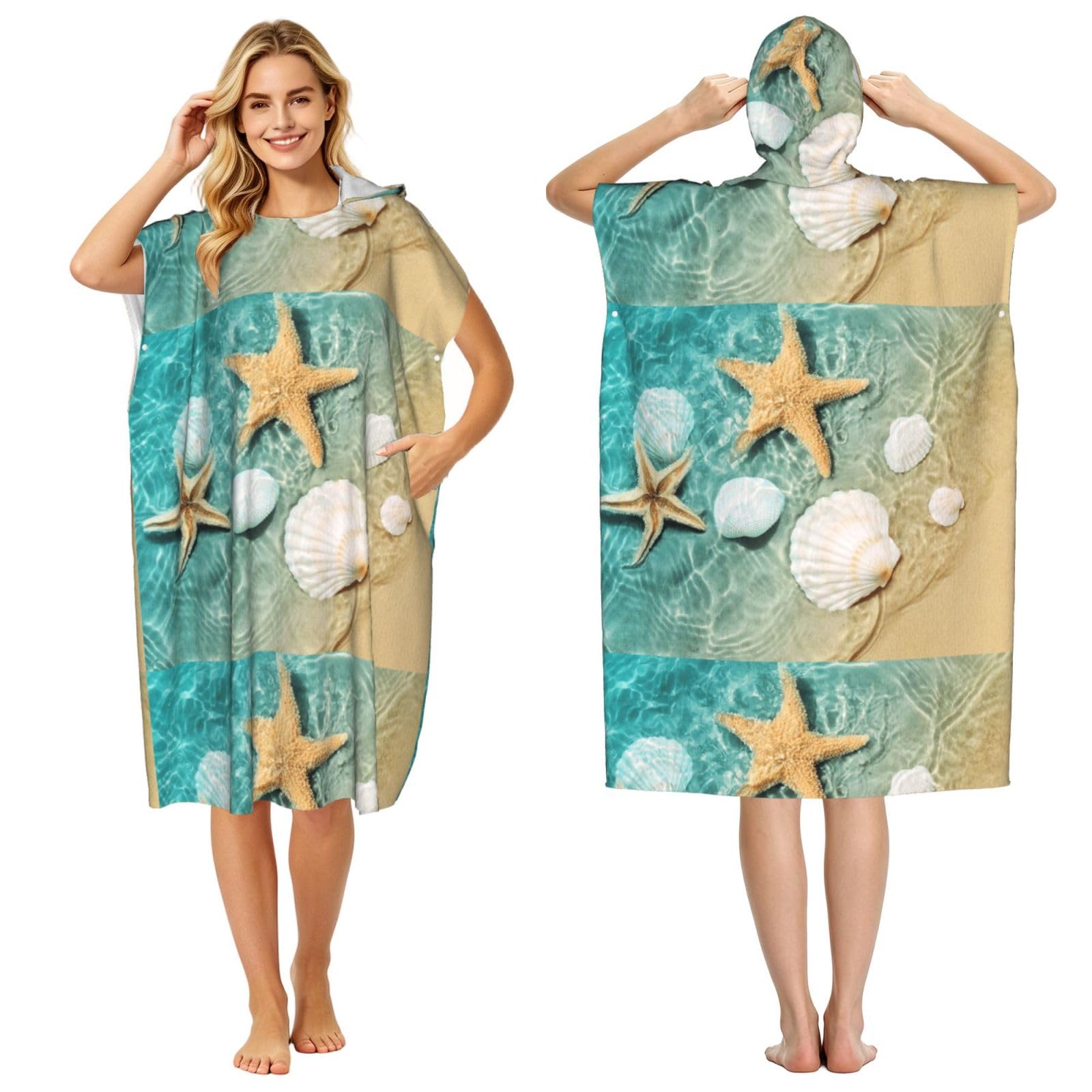 Poadnly Starfish And Seashell Pattern, Adult Hooded Beach Towel 90 x 110 cm,Changing Bath Robe, Surf Poncho Towel For Women Men