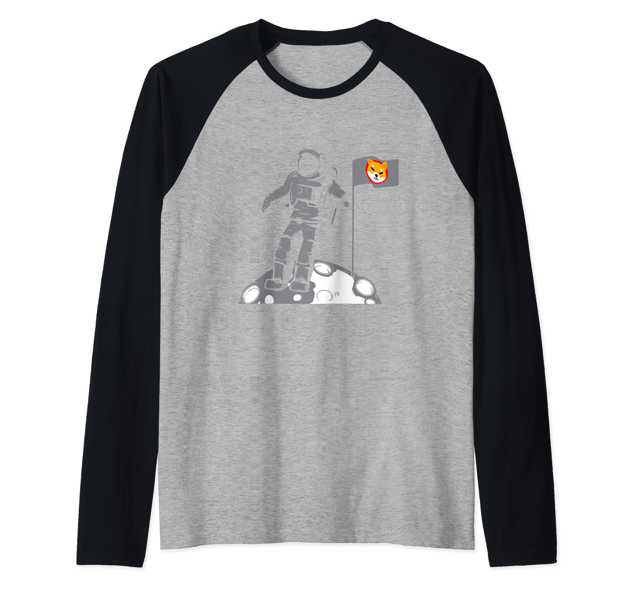 Shiba Inu Coin Flag Astronaut Moon Landing Cryptocurrency Raglan Baseball Tee, Black