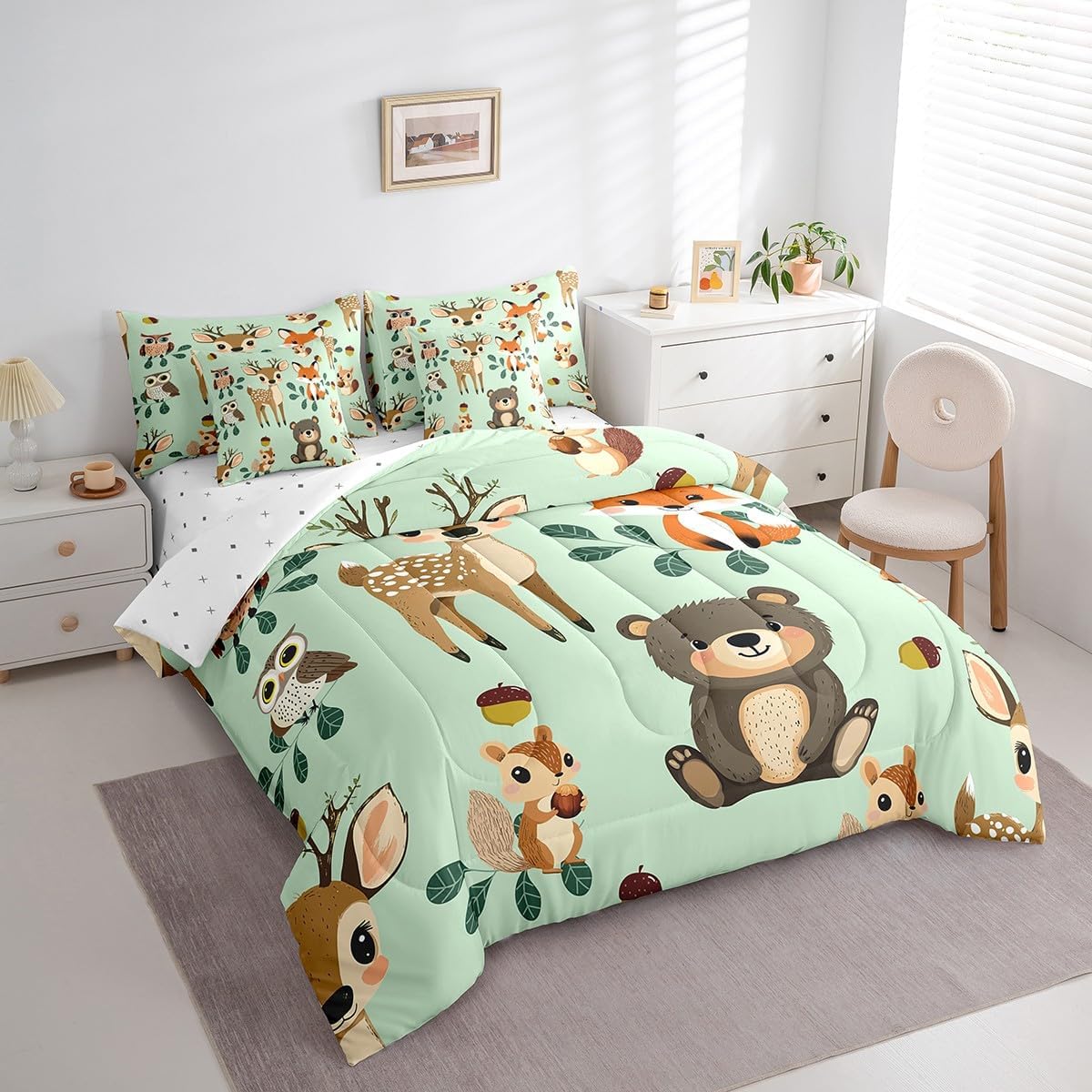 Feelyou Deer Bear Comforter Set Twin Size 7 Pieces for Kids Girls Boys Cabin Cute Fox Owl Bedding Set Woodland Animal Bed in a Bag Farmhouse Lodge Bed Set with Comforter Sheets Pillow Cover