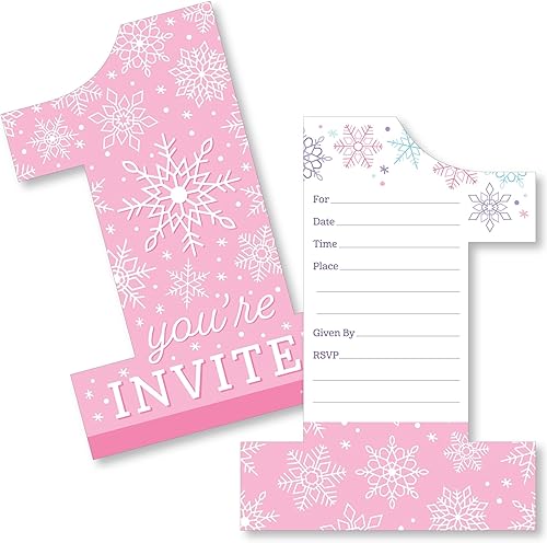 Big Dot of Happiness Copos de nieve rosados 1er cumpleaños  Invitaciones de relleno en forma de niña invierno ONEderland tarjetas de invitación de