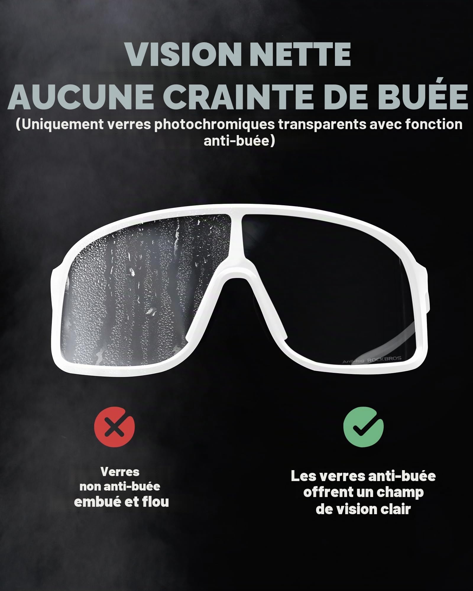 ROCKBROS Lunettes Soleil Photochromiques Sport, Cyclisme Lunettes Photochromiques Anti-UV400 Verres PC Cadre TR90 Léger Homme Femme Vélo VTT Pêche Course Golf Sports de Plein Air