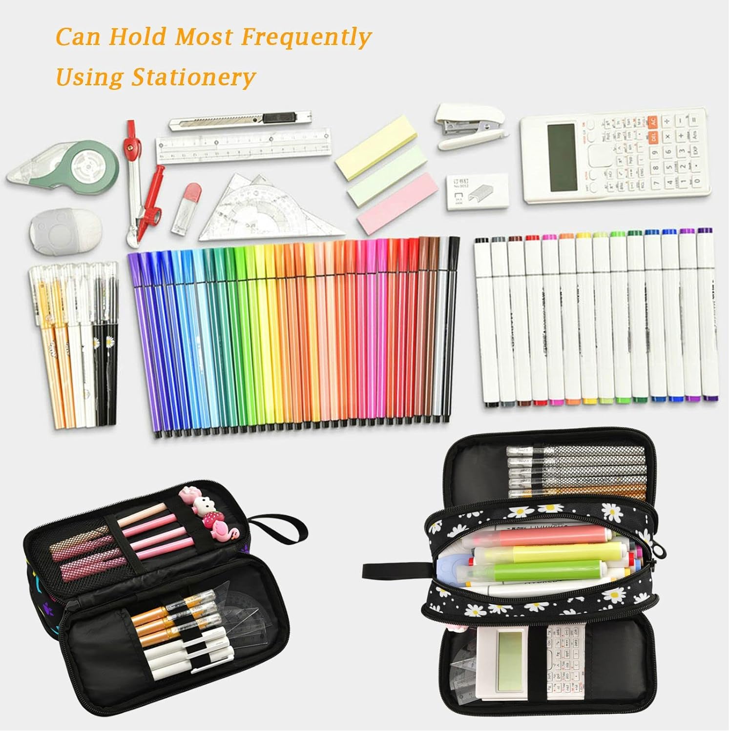 Fustylead Little Daisy Pencil Pen Case 3 Compartments, Lightweight & Spacious Pencil Pouch Zipper Stationery Bag for Teen Boys Girls School Students - Image 5