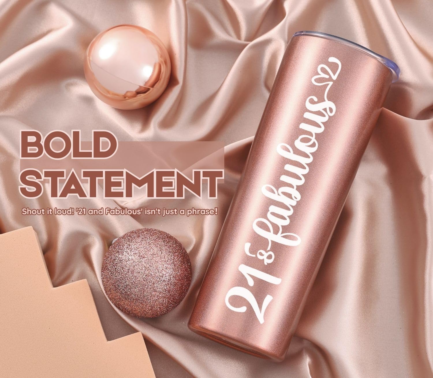 21st Birthday Gifts For Her - 21 and Fabulous - 20oz/590ml Stainless Steel Insulated Skinny Tumbler with Straw - Happy 21 Year Old Birthday Gifts for Women, Female - (Rose Gold) - Image 2