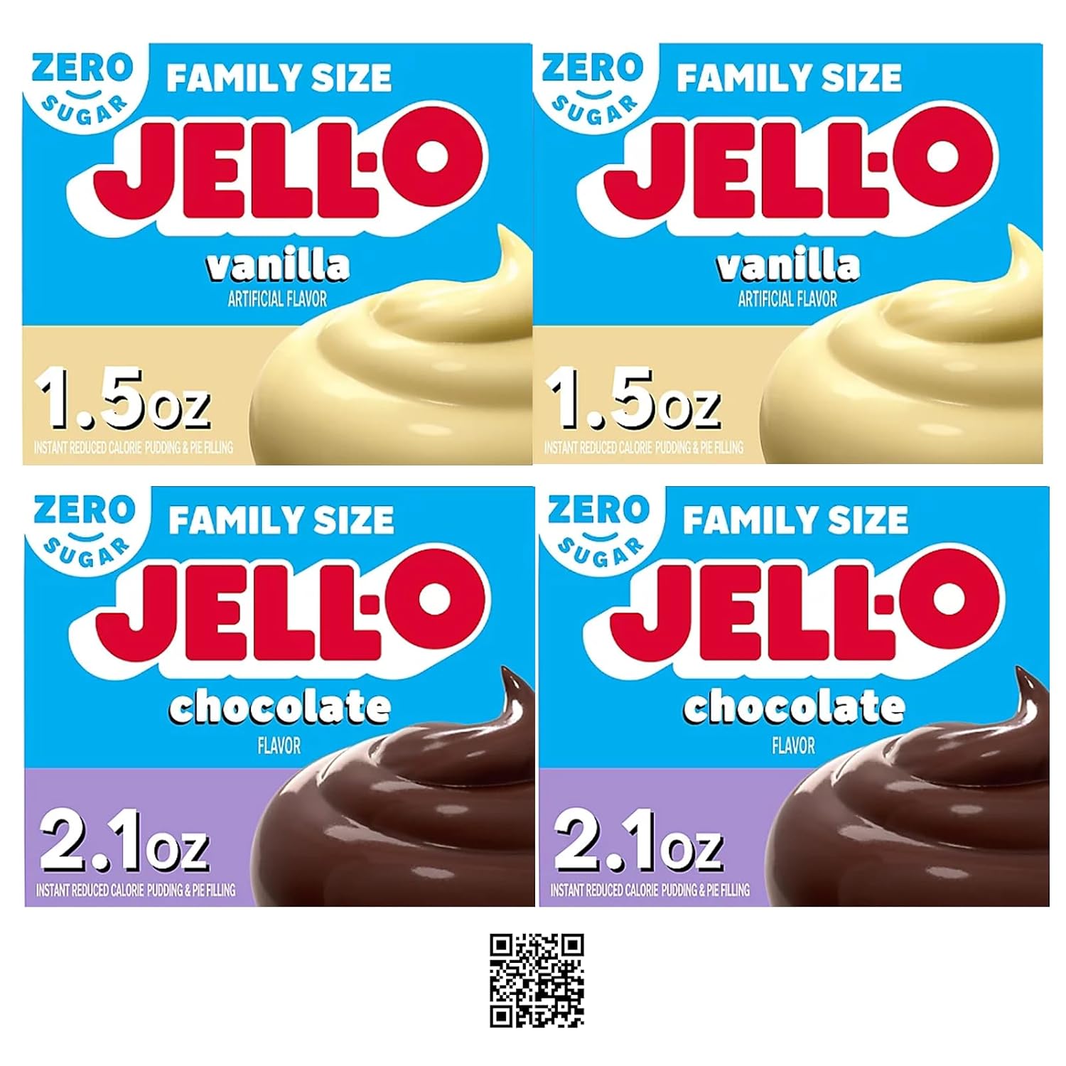 VentasBox Sugar-Free Pudding Mix Family Pack, 2 Chocolate 2.1 oz, 2 Vanilla 1.5 oz, with QR Code Magnet