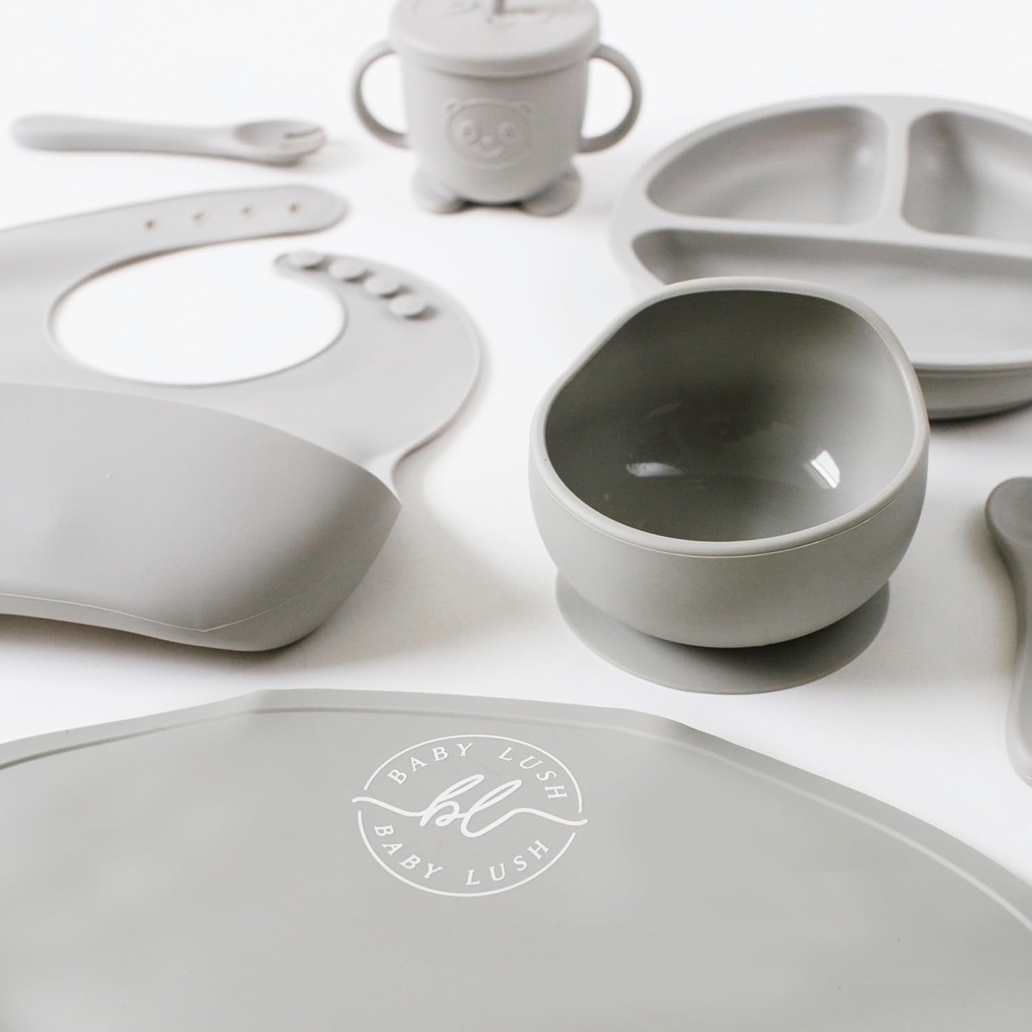 Babylush Baby Feeding Set – 8pcs Silicone Baby Feeding Set with Suction Cup Plate, Bowl, Spoon and Fork, Bib, Sippy Cup – Food-Grade and BPA-Free Silicone Baby-Led Weaning Supplies (Grey)