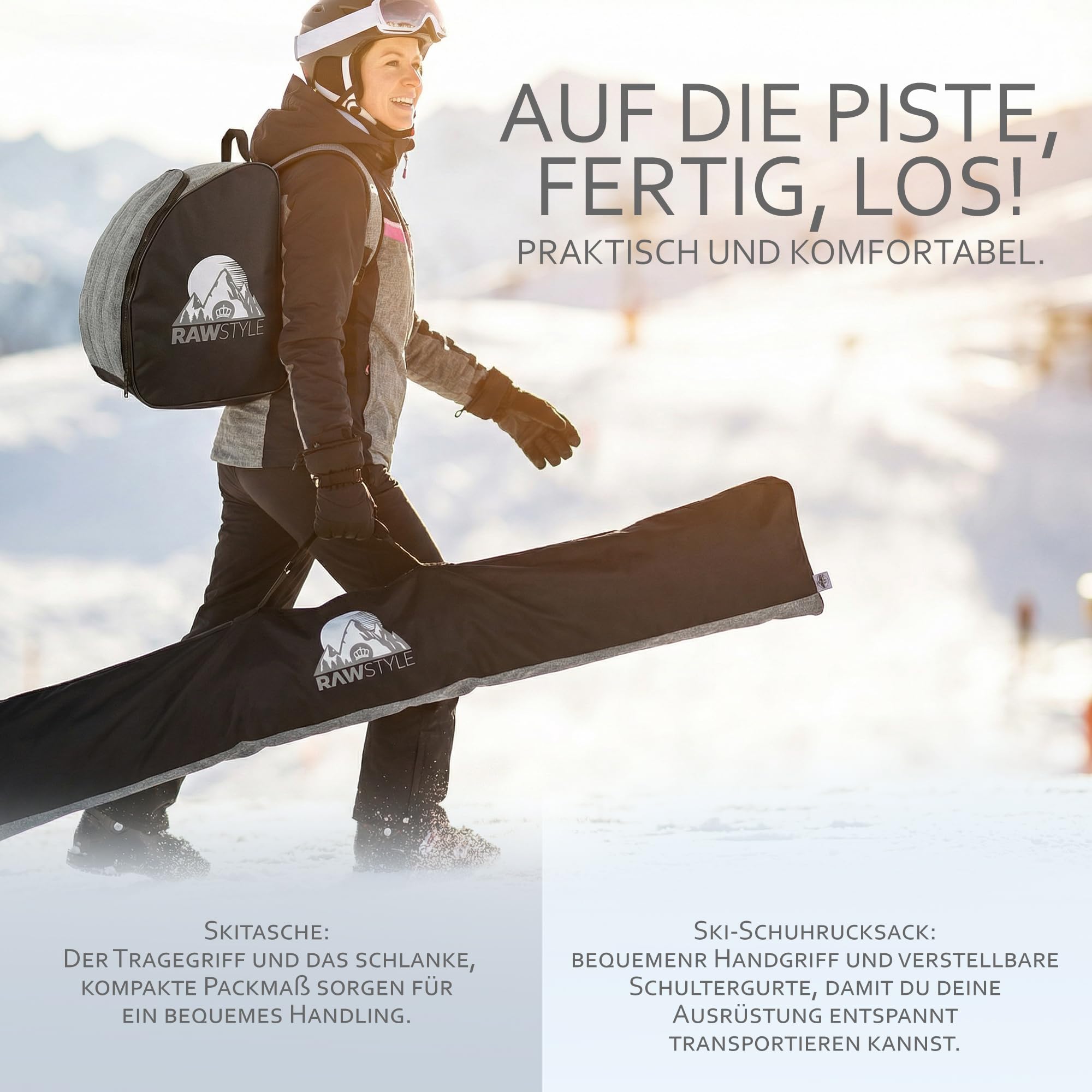 Skitaschen Set – Skitasche Rolltop 120–190 cm & Skischuhrucksack – wasserdichtes Cordura – Skiaufbewahrung für Ski, Skischuhe, Helm & Handschuhe – Ski Transporttasche KOMBIPAKET