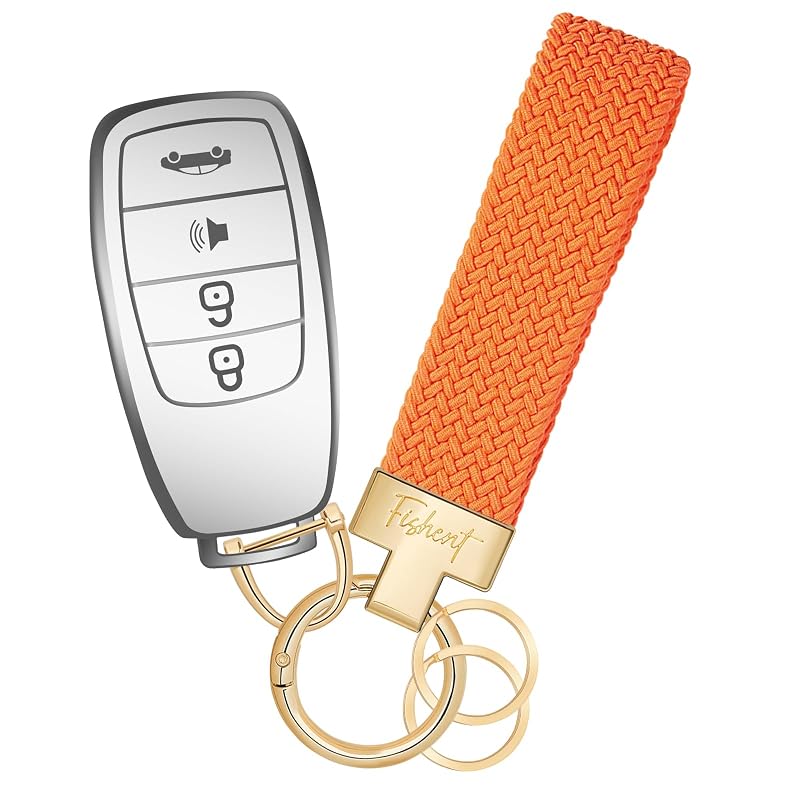 Chaveiro automotivo elástico trançado Fishent com argola D, 3 argolas para chaves e mini chave de fenda, laranja