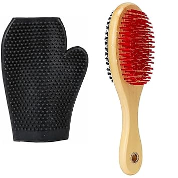 Pet Needs Double Sided Wooden Bristles Dog Brush with Free Grooming Bathing Gloves (Medium)