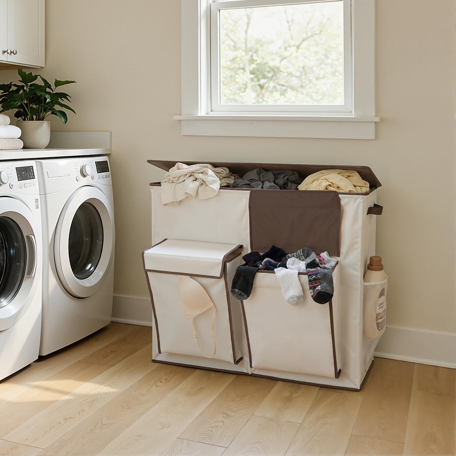 SOLEDI 220L Wäschekorb mit Deckel, Wäschesammler 3 Fächer mit 2 Seitentaschen, Laundr Baskets mit 3 Wäschesack, Wäschesortierer Groß XXXL für Badezimmer, Schlafzimmer, Waschküche
