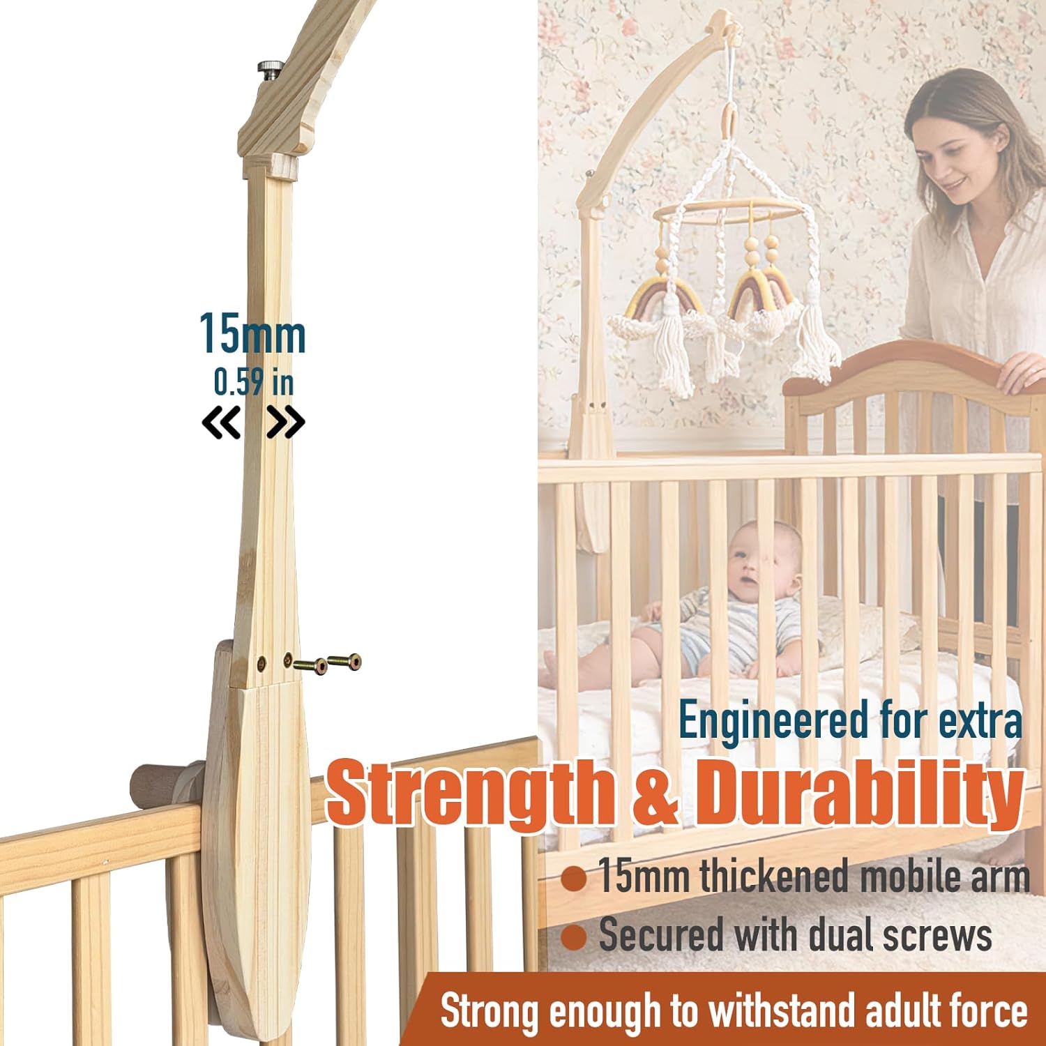 Baby Crib Mobile Arm - Double Wooden Screw Anti-Slip Reinforcement Hanger Crib Holder No Paint 360° Rotatable Upgraded Nursery Arm Decor Gift Accessories