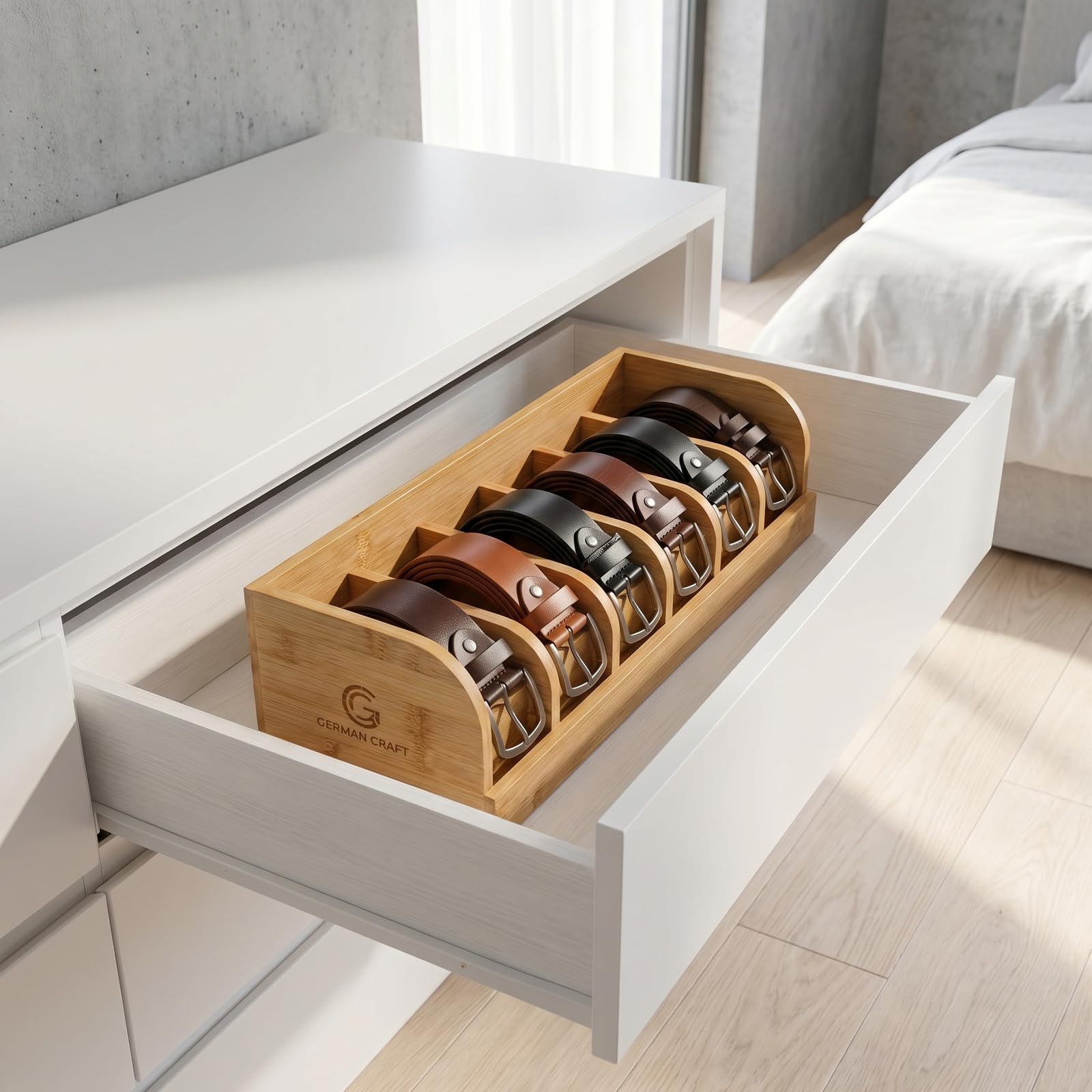 Nivofu Bambus Gürtel-Organizer zur Aufbewahrung, 6 Fächer für Herren und Damen, Platzsparender Gürtelhalter für Schrank und Schublade, Geeignet für Krawatten und Accessoires