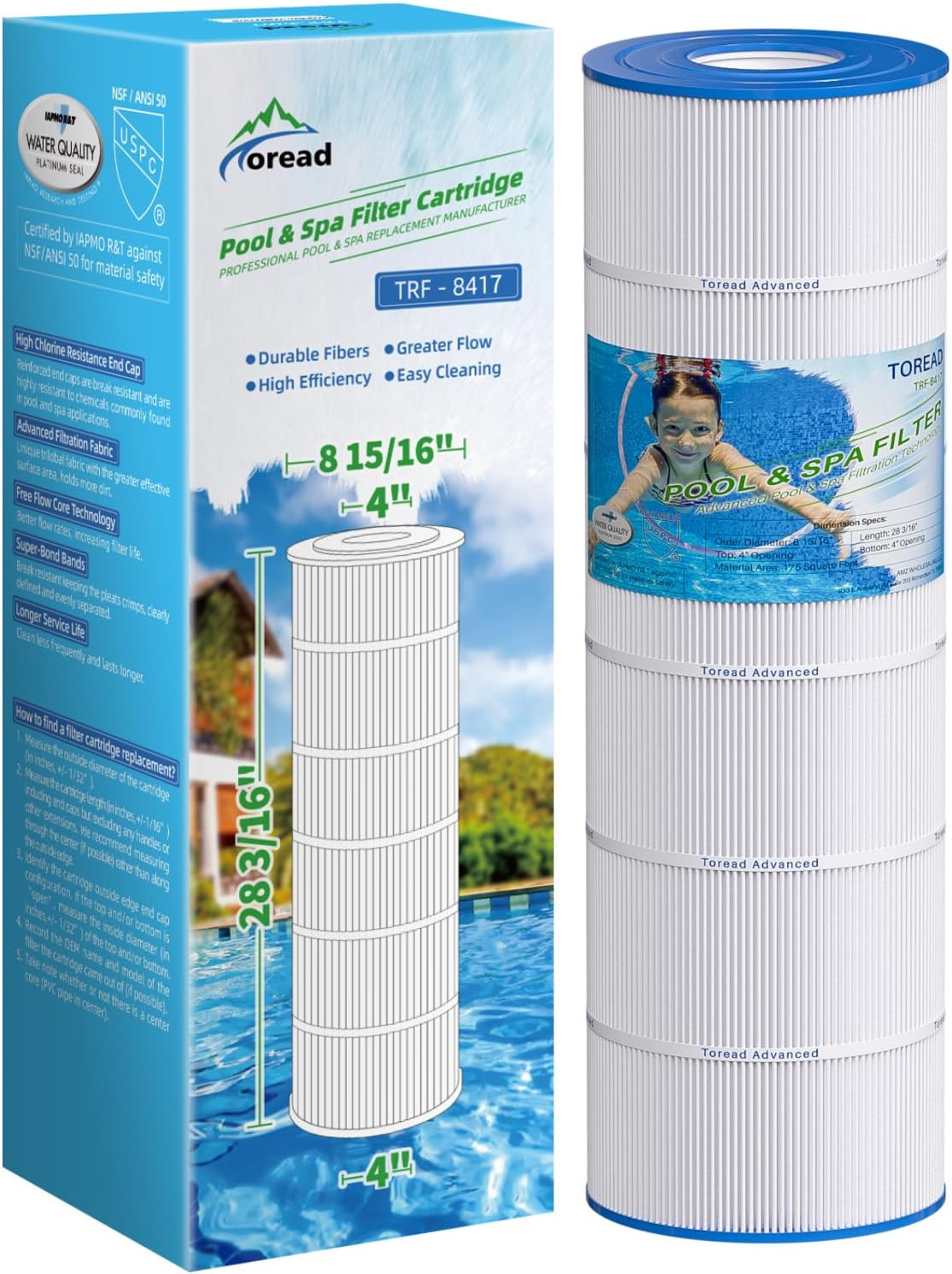 TOREAD Pool Replacement Filter for PA175, Hayward CX1750RE, C1750, Unicel C-8417, Filbur FC-1294, 25230-0175S, 817-0175P, Aladdin 27501, L x OD: 28 3/16" x8 15/16"