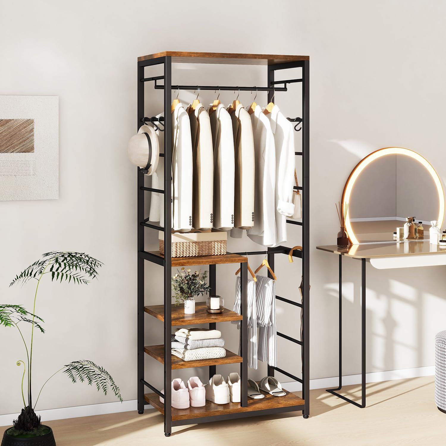 IBUYKE Portemanteau autonome avec 4 Roulettes Pivotantes à 360°, avec étagères et crochets, porte-manteau industriel pour entrée, couloir, chambre à coucher, Marron Rustique TMJ089H