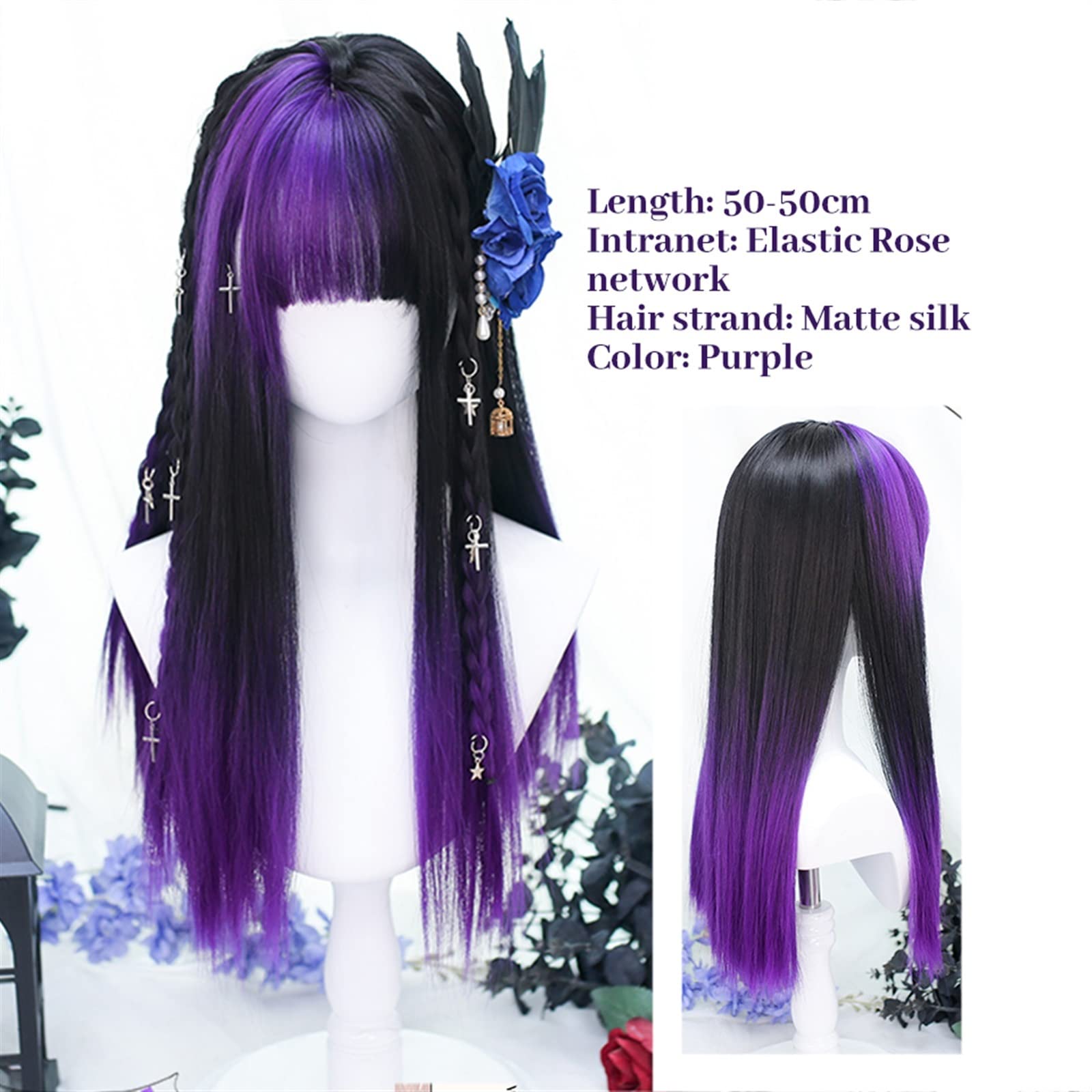 Peruki z koronką falową Długa fioletowa czarna peruka z prostymi włosami jedwabiście prosta syntetyczna żaroodporna grzywka peruka kostium na Halloween Cosplay peruki do włosów dla kobiet Peruki z nat