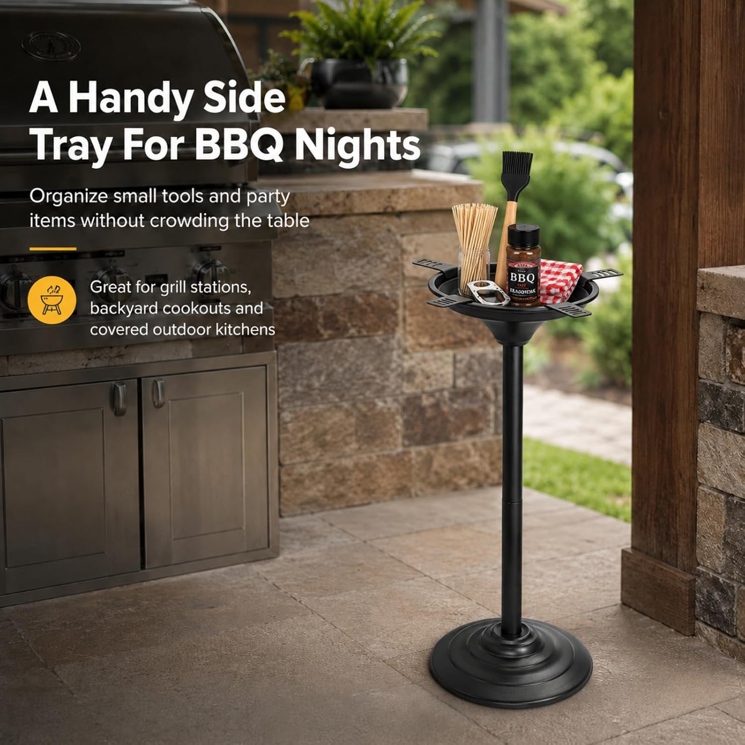 Outdoor Standing Tray for Patio, Windproof Detachable Metal Bowl with Floor Stand, Adjustable Height Patio Dish for Deck, Porch, Backyard, Grill Area and Poolside Small Items